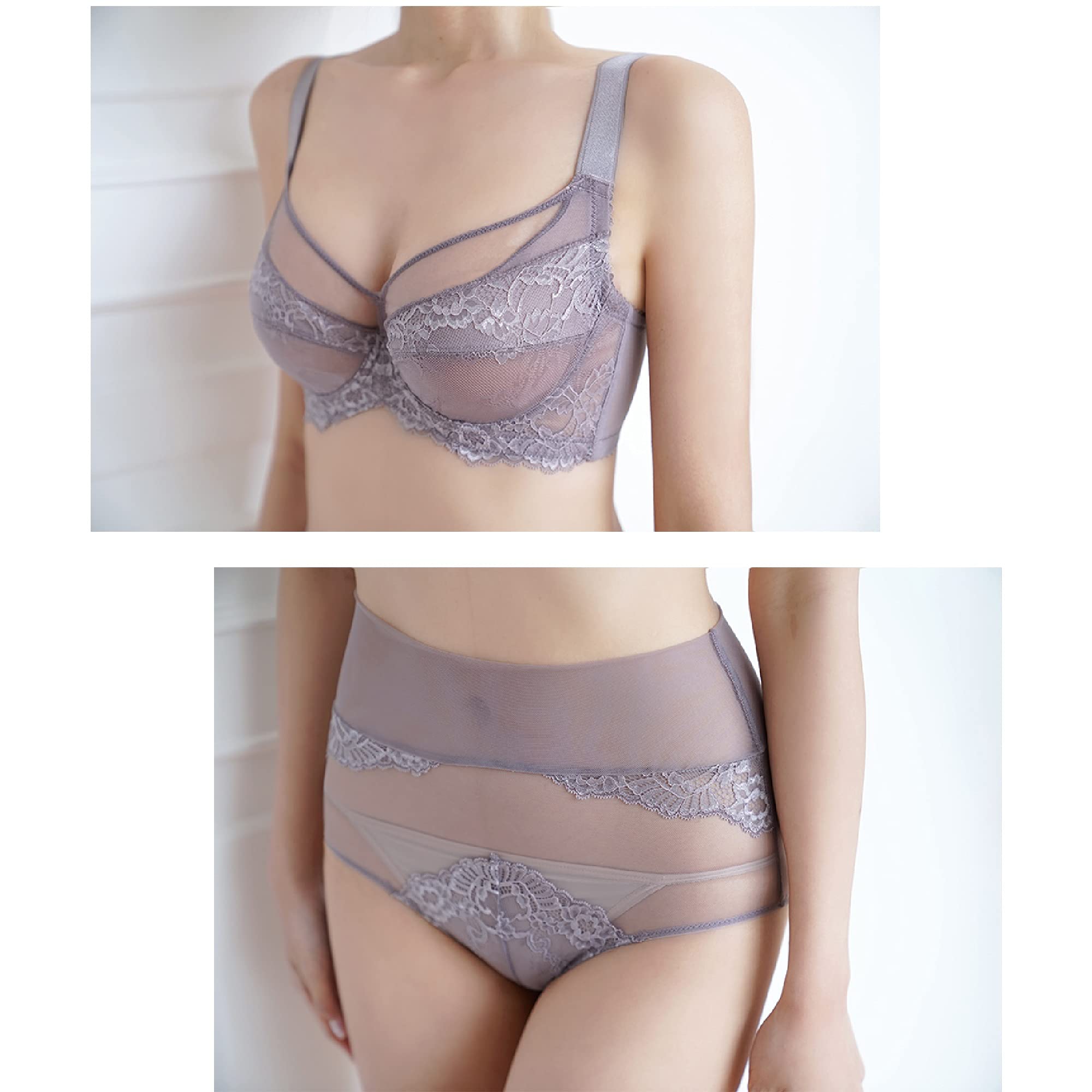 WENJUN Ensemble de lingerie sexy en dentelle pour femme avec soutien-gorge transparent et culotte en maille grande taille Couleur : violet Taille : 90E