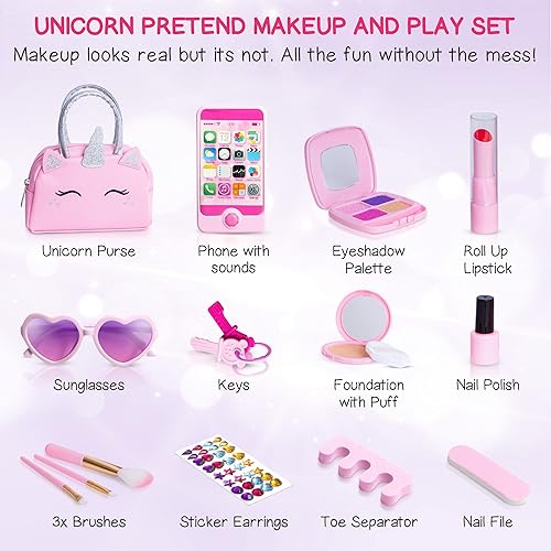 Miniatura 10 de Kit de maquillaje de simulación para niñas pequeñas con bolso de unicornio juego de juguetes de maquillaje falso (no real) para niños pequeños y