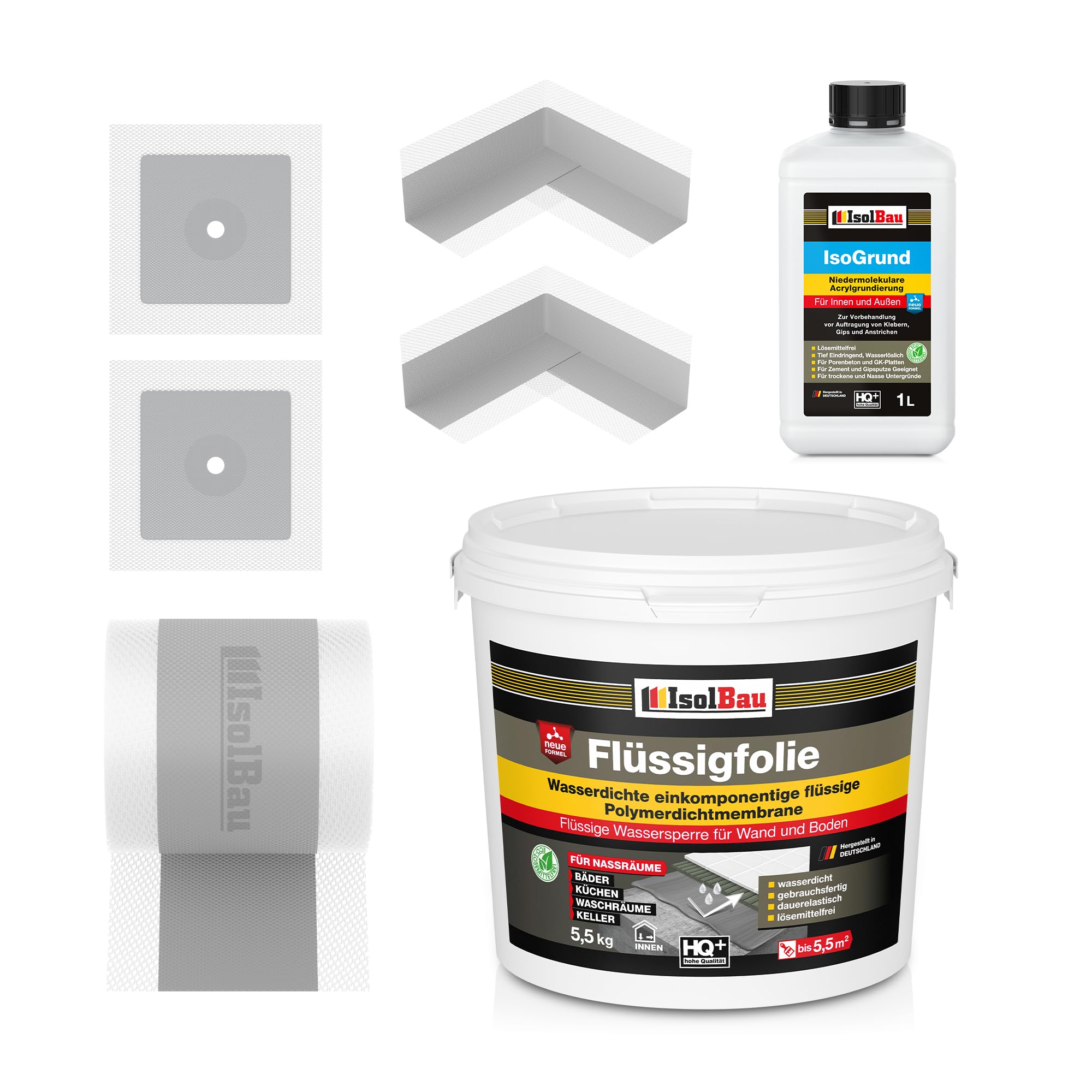 Isolbau Dicht-Set - Inkl. 1x Flüssigfolie (5,5 kg), 1x Grundierlösung (1 L), 1x Dichtband (5 m), 2x Innenecken & 2x Manschetten