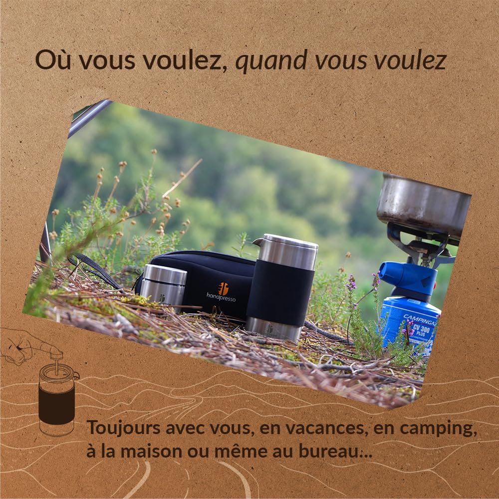 Handpresso Travel Press, cafetiere a piston compacte (INOX) double paroi isolante, 0,35 l (3 Tasses), Kit mini cafetière portable de voyage avec étui de transport, boite pour café moulu