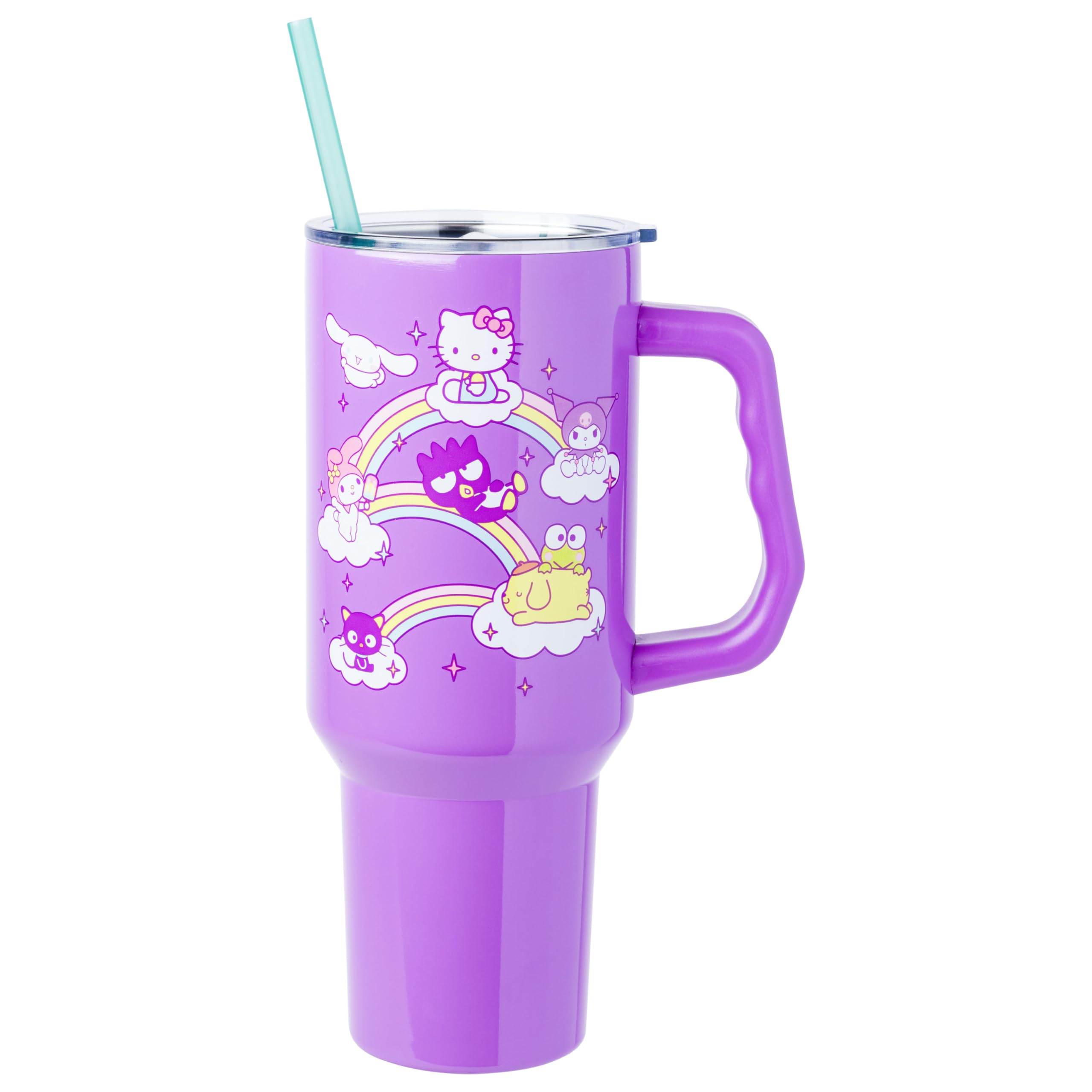 Silver Buffalo Sanrio Hello Kitty and Friends Featuring My Melody, Cinnamoroll, Kuromi, Chococat, Badtz-Maru, Keroppi, and Pompompurin Double Walled Stainless Steel Tumbler with Handle, 40 Ounces