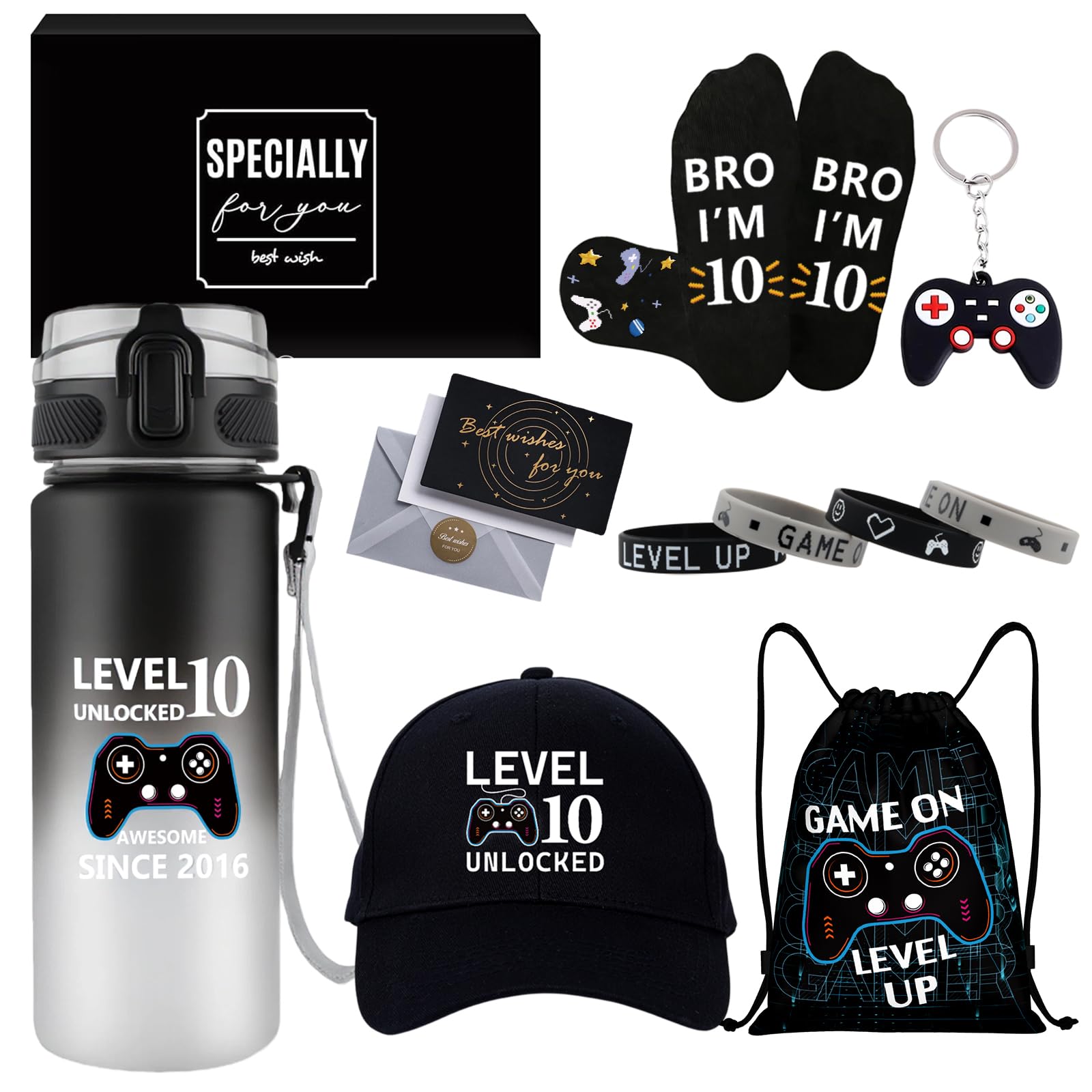 10 Year Old Gifts for Boys, Birthday Gifts for 10 Year Old Boy, Level 10 Unlocked Gamer Gift Set with Water Bottle Baseball Cap Socks Bag Keychain Wristbands, Cool 10th Present for Son Grandson Nephew-image-38