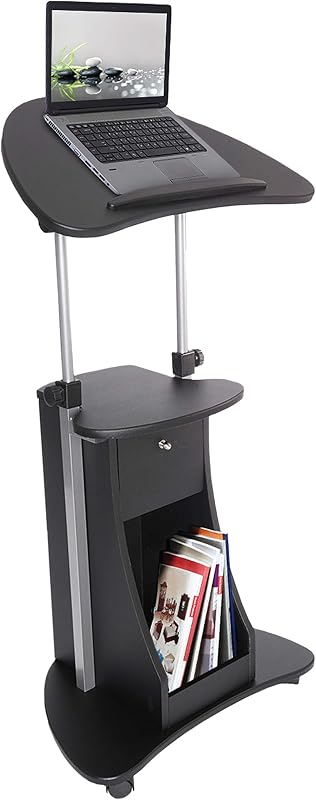 Carro rodante para computadora portátil de altura ajustable con almacenamiento, negro | Carro rodante para computadora portátil de altura ajustable con parte superior inclinable, estante de almacenamiento, ruedas de bloqueo, escritorio para sentarse o pararse, podio celular,Negro