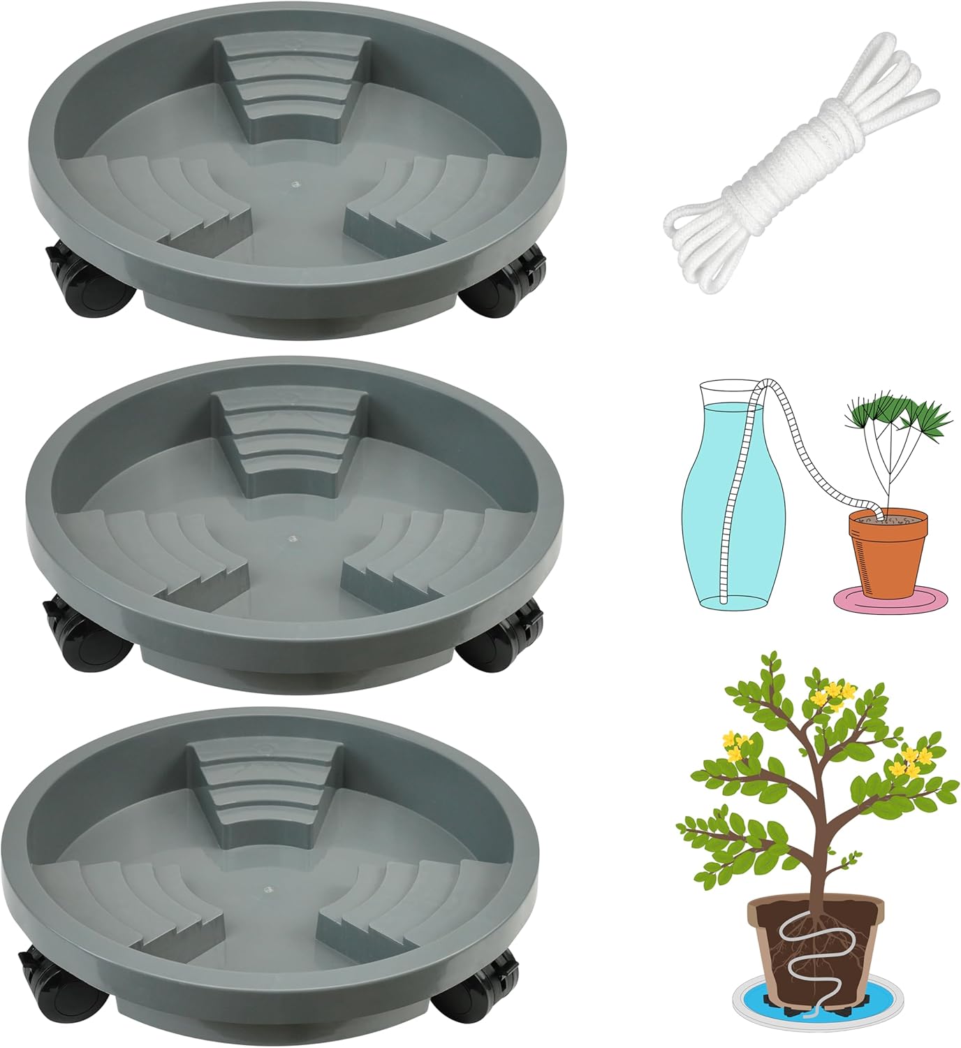 3 Pack 11 inch Plant Caddy with Lockable Wheel, Drainage & Self-watering Design, Movable Wheeled Round Planter Stand Coaster Trolley, Flower Pot Dolly Rack Tray on Rolling Caster Roller Indoor Outdoor
