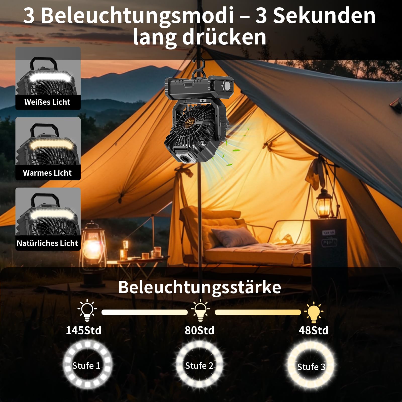 Camping Ventilator 20000mAh, Wiederaufladbarer Tischventilator USB Ventilator mit LED Licht & Haken, 270° Drehung mit Fernbedienung, Misting Fan für Outdoor, Zelt, Grillen, Strand - Schwarz