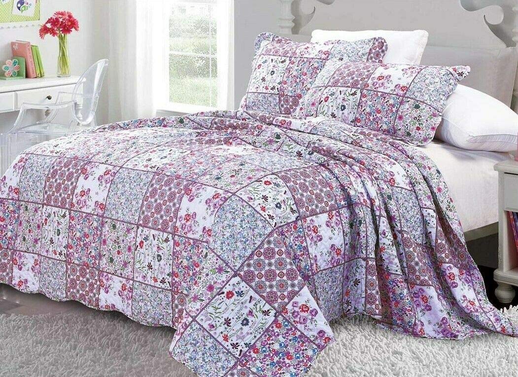 Impero Romano 3 Piece Printed Patchwork Quilted Bedspread Comforter Throw With 2 Pillow Cases (07, Double)