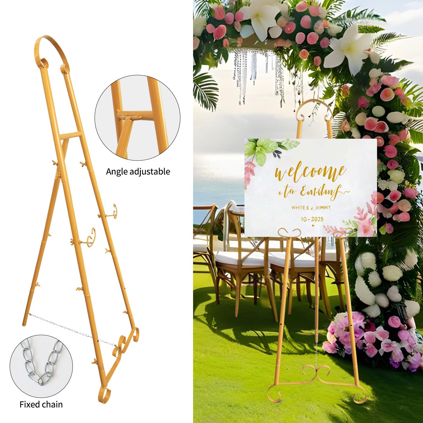 Chevalet d'artiste - 135 cm - Réglable - Trépied de table - Écran de peinture sur toile - Facile à plier - Pour studio de mariage - Pour poster intérieur et extérieur - Doré
