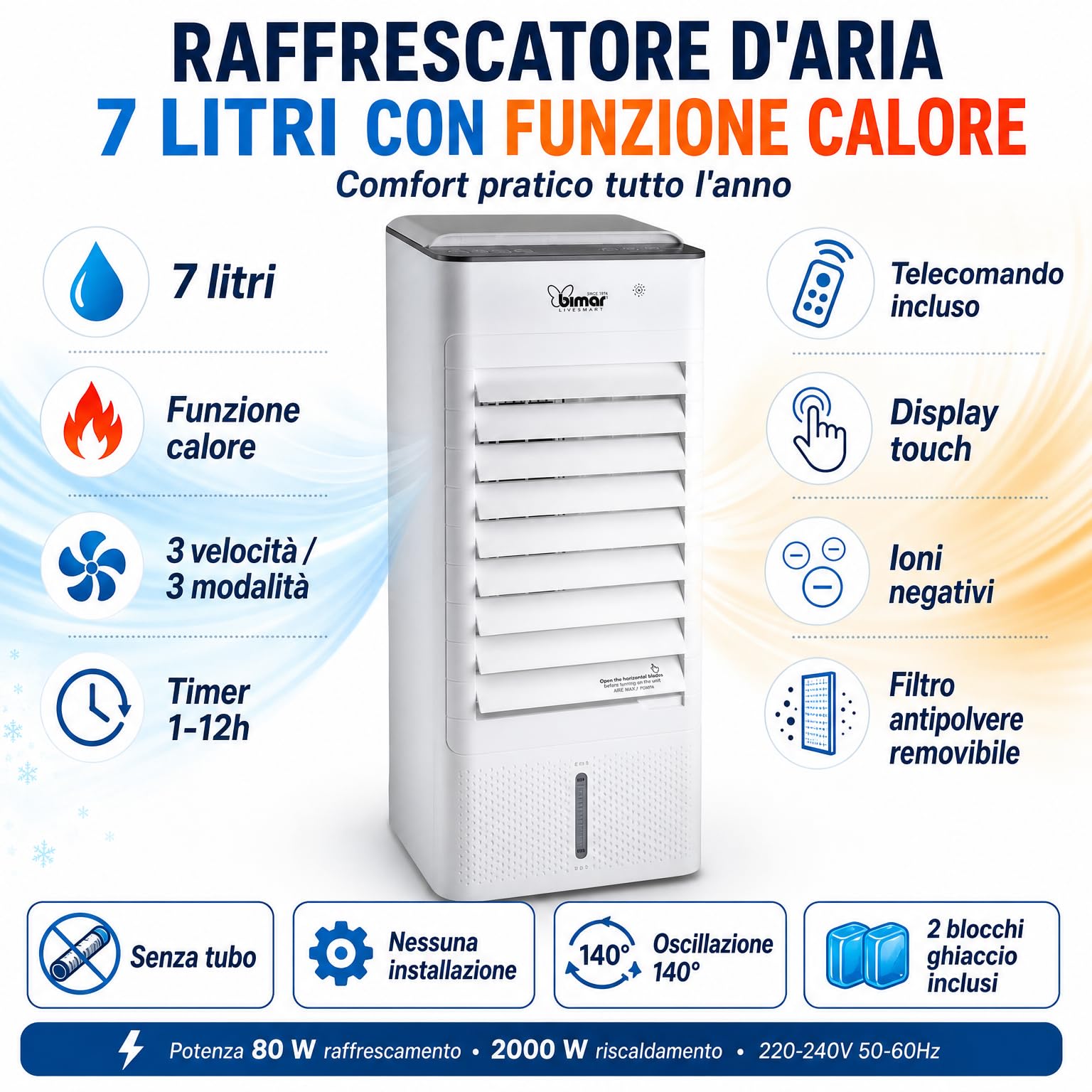 Bimar INB-VR508 Raffrescatore d’Aria Evaporativo 7 Litri con Funzione Calore, Telecomando, Timer 1-12h, 3 Velocità, Display Touch, Ionizzatore, Filtro Removibile, 2 Blocchi Ghiaccio Inclusi