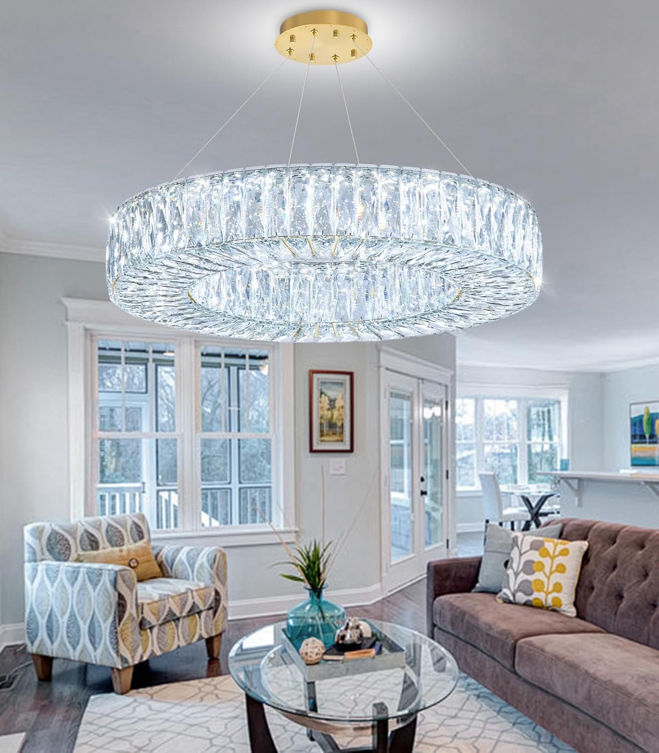 24 Inch LED Chandeliers for Dining Room Modern Crystal Ceiling Chandelier Hanging Lighting Fixtures for Living Room Bedroom Hallway LED Dimmable Lights Interior Rooms Light Gold