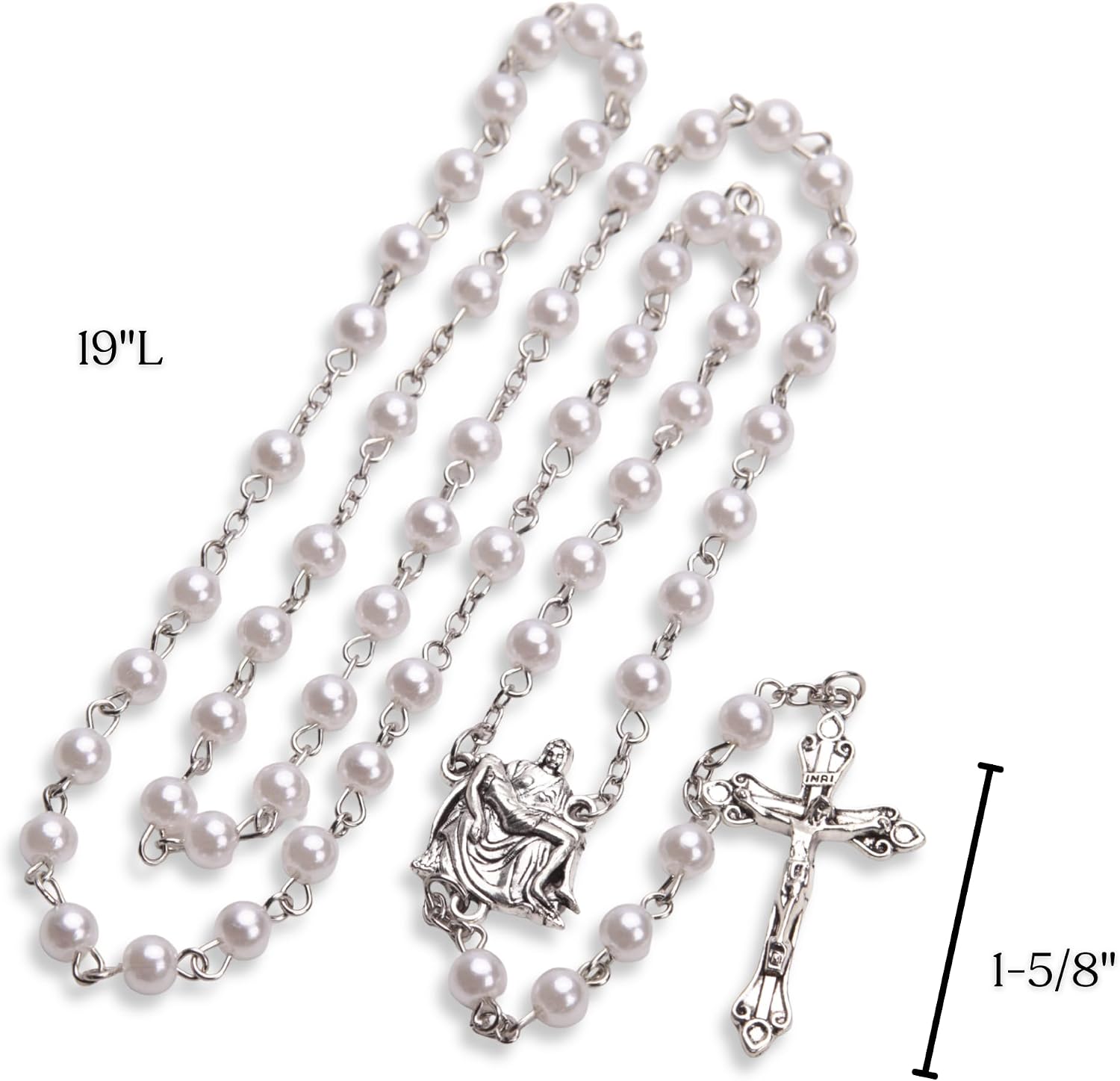 White Pieta Rosary, Imitation Pearl Prayer Beads, Catholic Keepsake Gift, 19 Inches Long