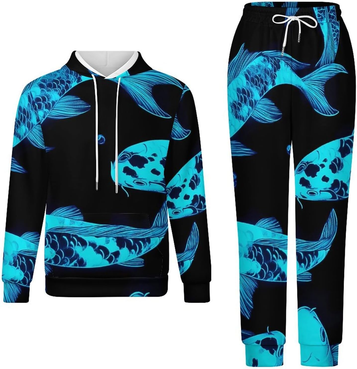Glow in The Dark Fish Sweatshirts for Men Two Piece Casual Hoodie Tracksuit Jogger Pants