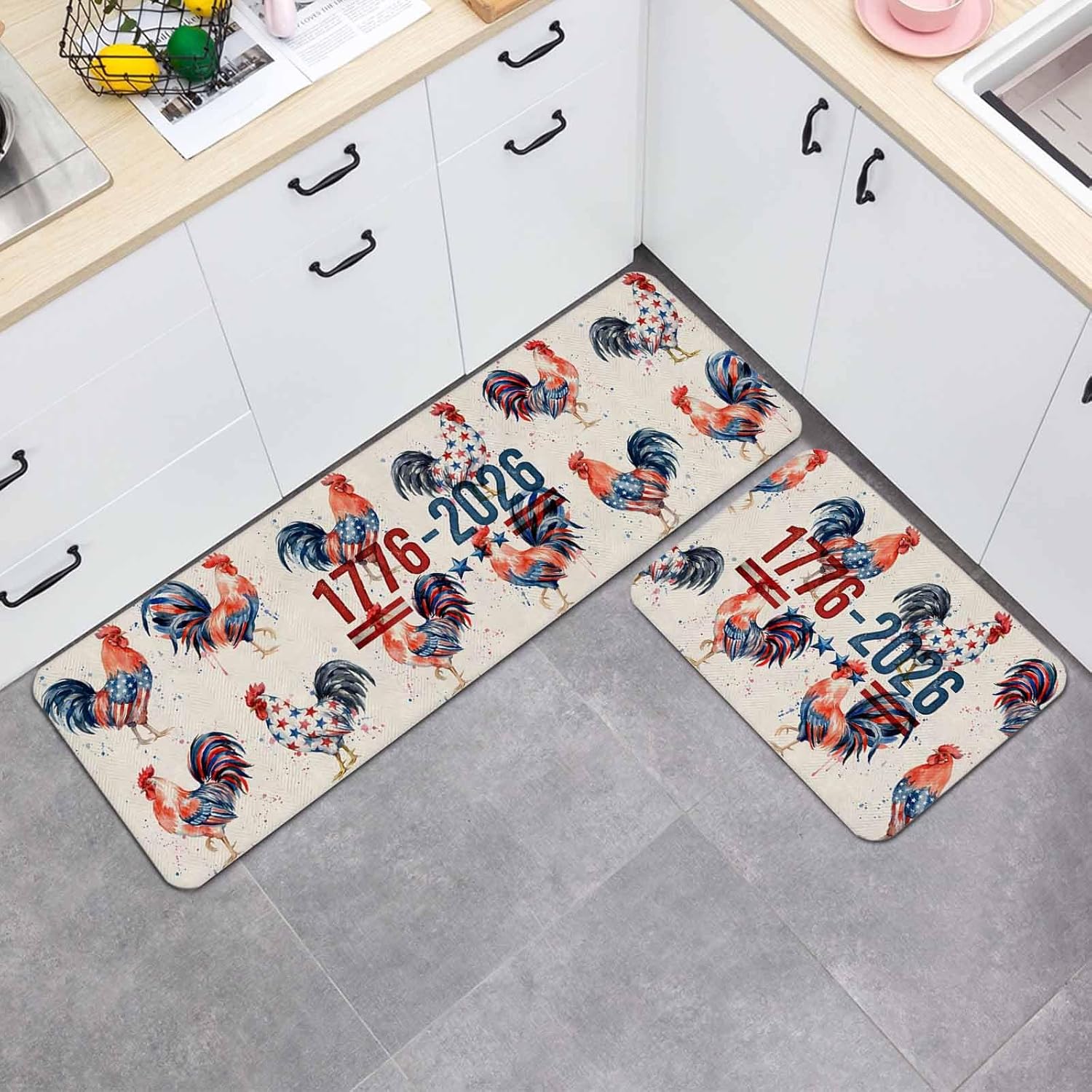 Independence Day Kitchen Mat Set 2 Pieces Watercolor Red Blue America Flag Rooster Linen Texture Non Slip Kitchen Rugs Washable Runner Rug Mats for Sink Laundry (19.7" x 31.5"+19.7" x 63")