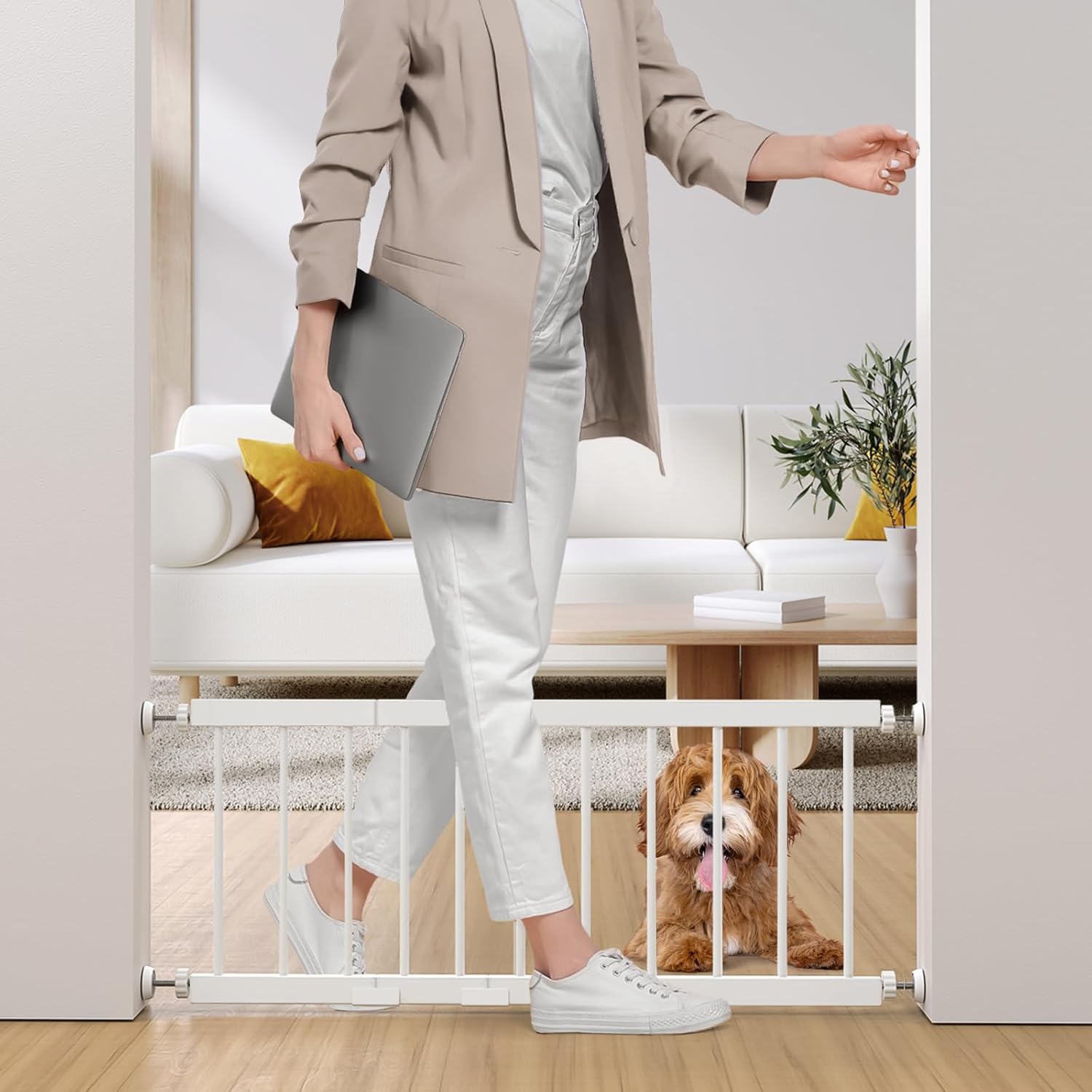 Dog Gate Indoor,18"-45" Adjustable Extra Wide Metal Short Dog Gate to Step Over, 18" Tall Small Pet Gate with 3 Extension Kits, Pressure Mounted for Doorways & Stairs 18-45''W*18''H White