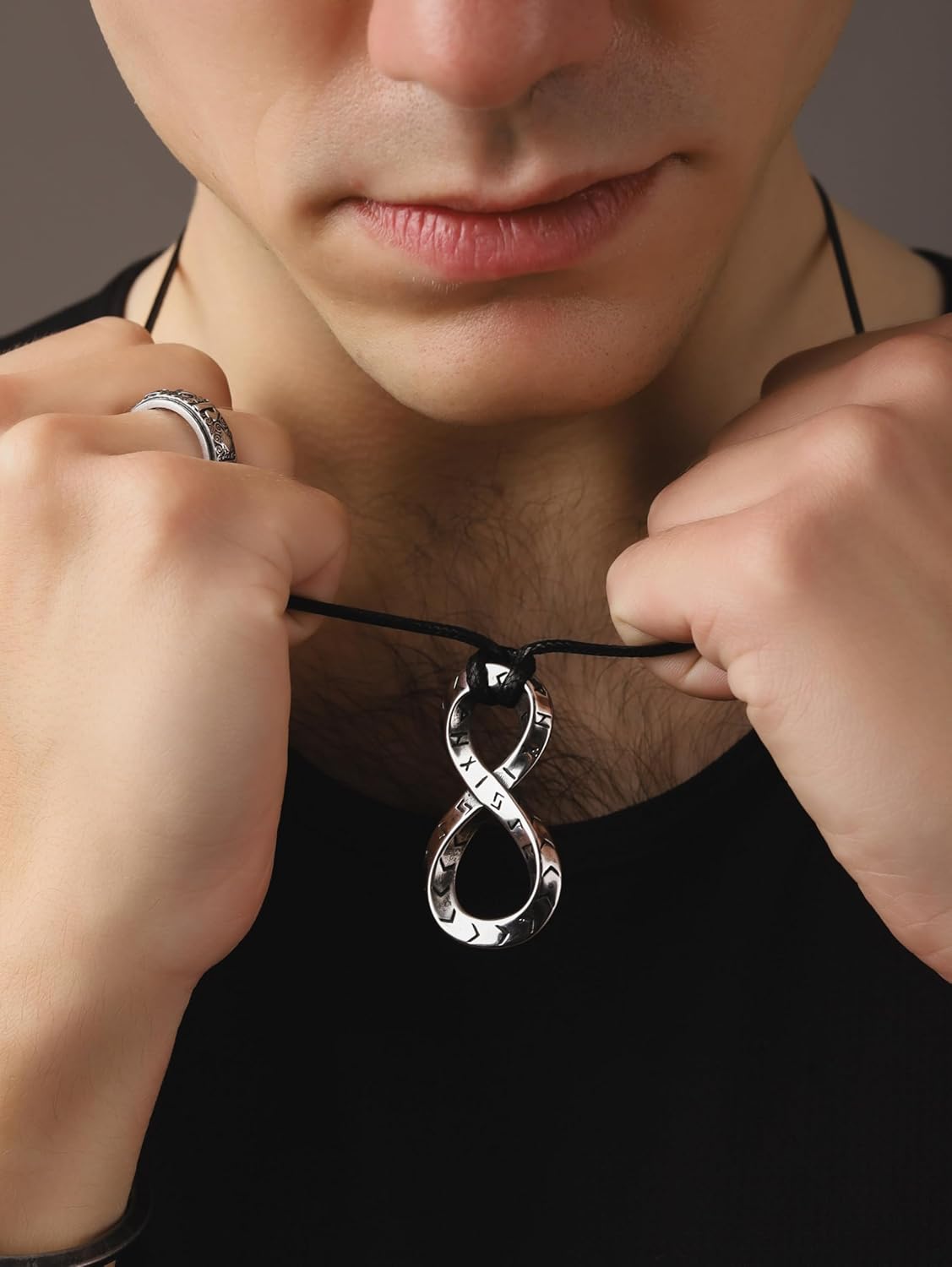 HAQUIL Viking Runes Necklace, Silver Plated Stainless Steel Norse Runic Infinity Talisman Pendant, Faux Leather Cord, Viking Jewelry Gift - Image 5