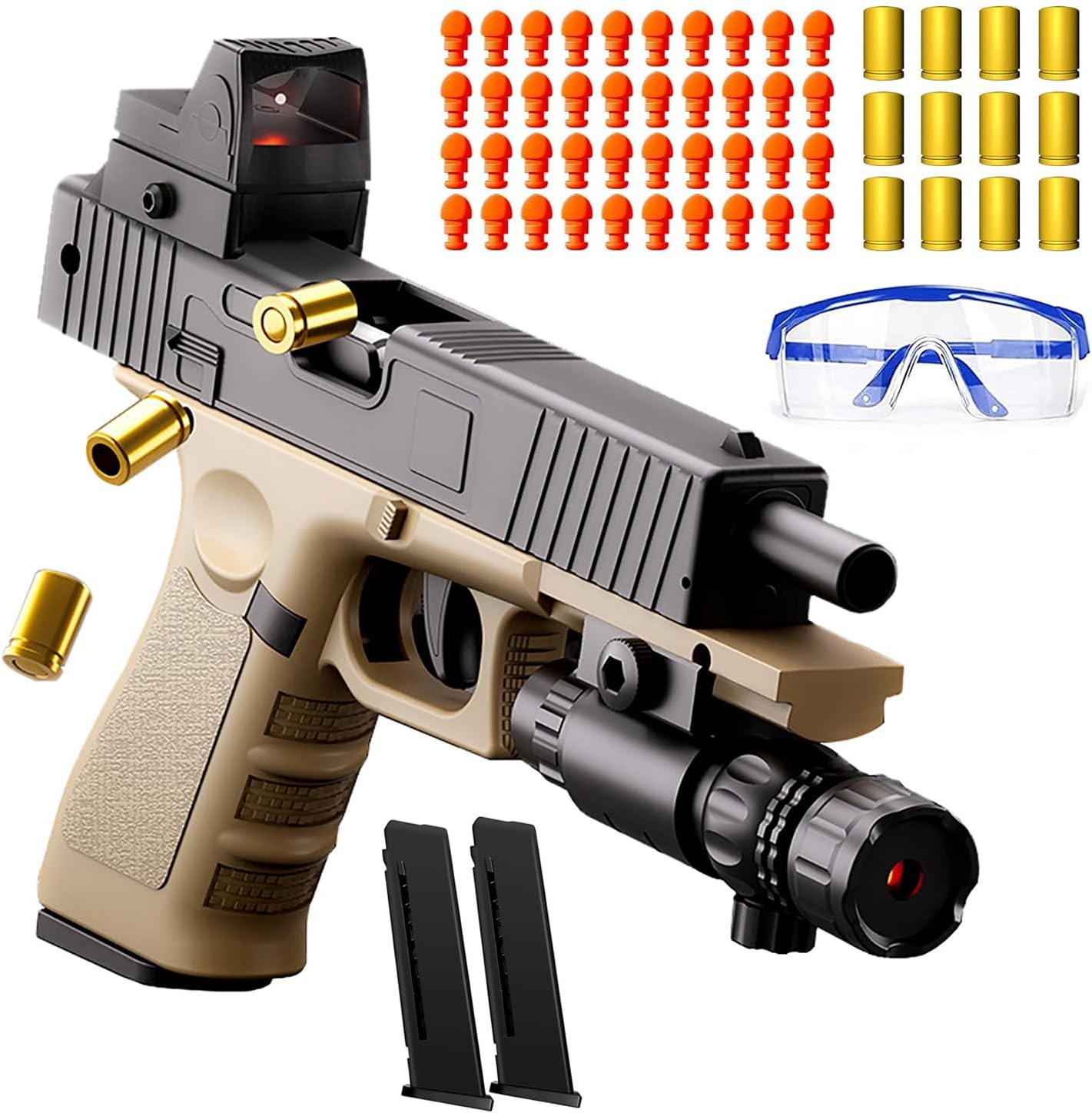 Moonmen Soft Bullet Toys Gun Pistol, Automatic Continuously Empty Shell Ejecting Toy Gun, 40 Soft Foam Bullets, 2 Magazines, Pistol Education Model Toys (Glock Khaki)