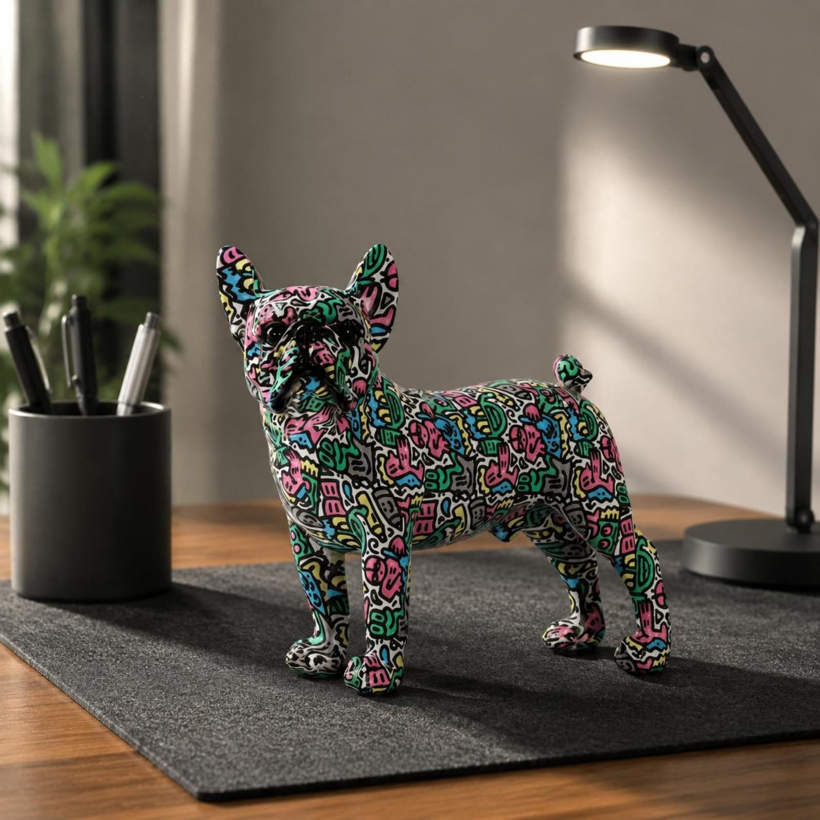 Gralara Scultura Decorativa Cane Francese Statua Cane Ornamentale Figurina Cane Resina Aspetto Creativo Accattivante Rinnova L Ambiente Adatta per Soggiorno, Stampa Leopardata