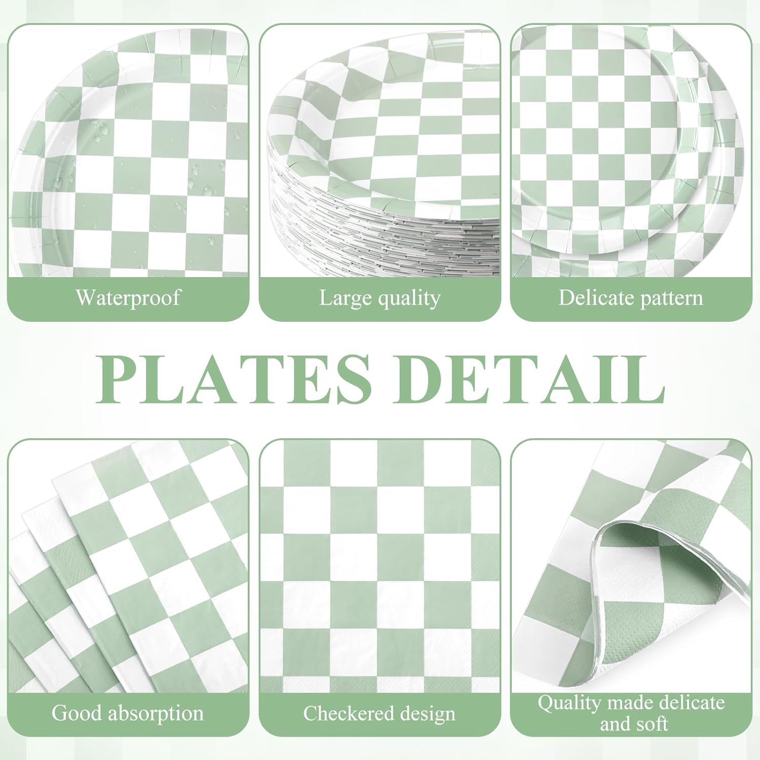 Pickmesh 400 Pcs Sage Green and White Checkered Party Decorations Set Light Green Gingham Disposable Paper Plates Napkins Cups Cutlery Plaid Party Decorations for Baby Shower Wedding Birthday Serve 50