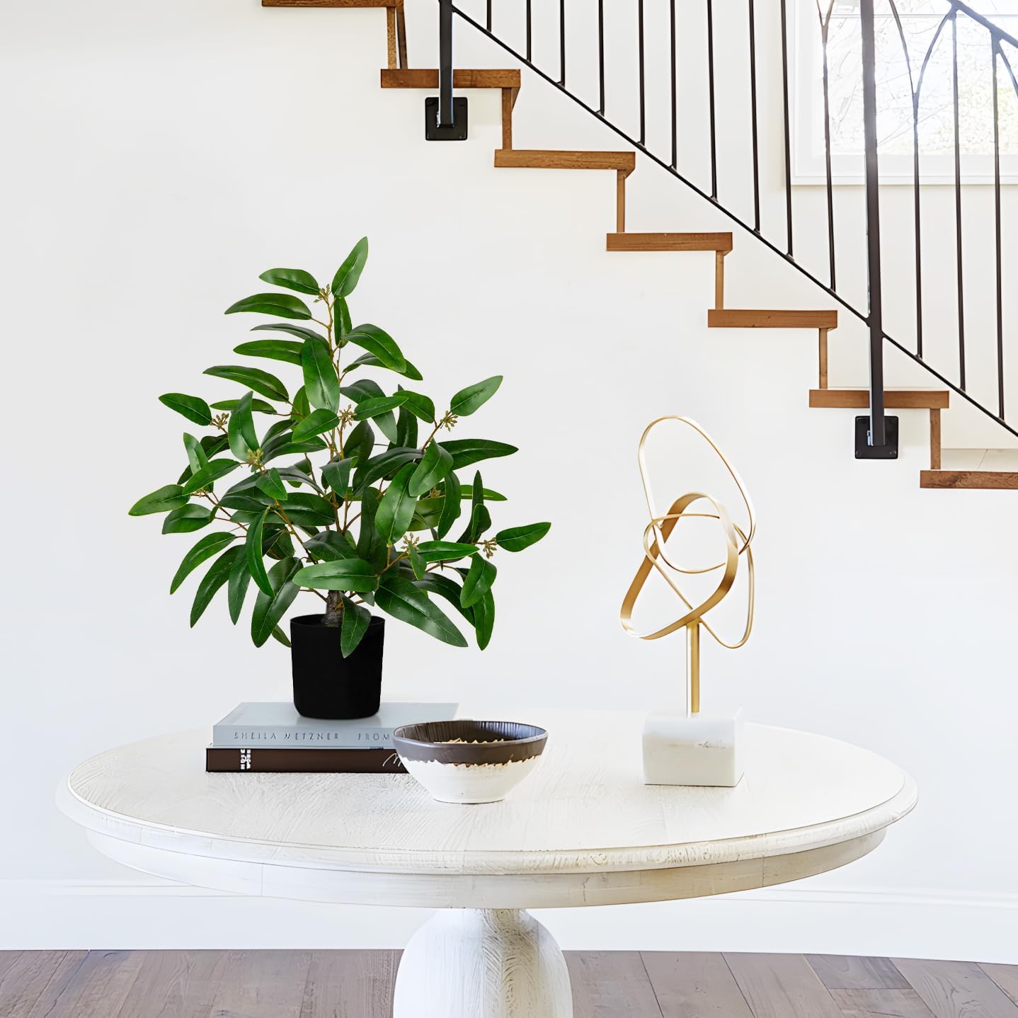 Artificial Plants Indoor with Pot, 19.7" Fake Potted Plants Eucalyptus Leaves, Silk Plant for Home Decor Indoor Plants Artificial for Home Office Bedroom Farmhouse Entry Table Shelf Decor, Deep Green - Image 4