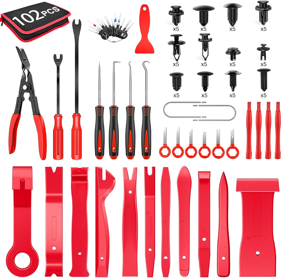 GOOACC 102Pcs Trim Removal Tool Set | Auto Push Pin Nylon Bumper Clip Set Terminal Remover Tool Round Crowbar Panel Remover Kit Car/Radio Panel