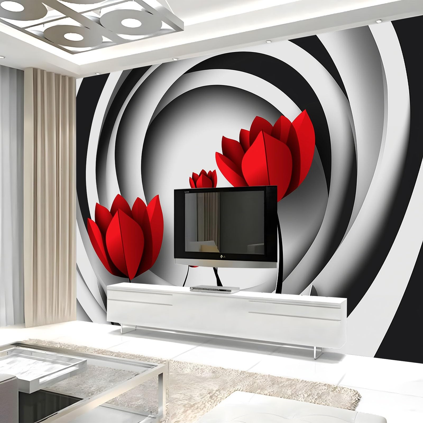 Genérico Tapeta Czerwone Tulipany Trójwymiarowe Paski Fototapety Włóknina 250 x 175 cm Fototapety Dekoracyjne Fototapety Ścienne Efekt 3D Dekoracyjny Salon Tapety Kuchnia
