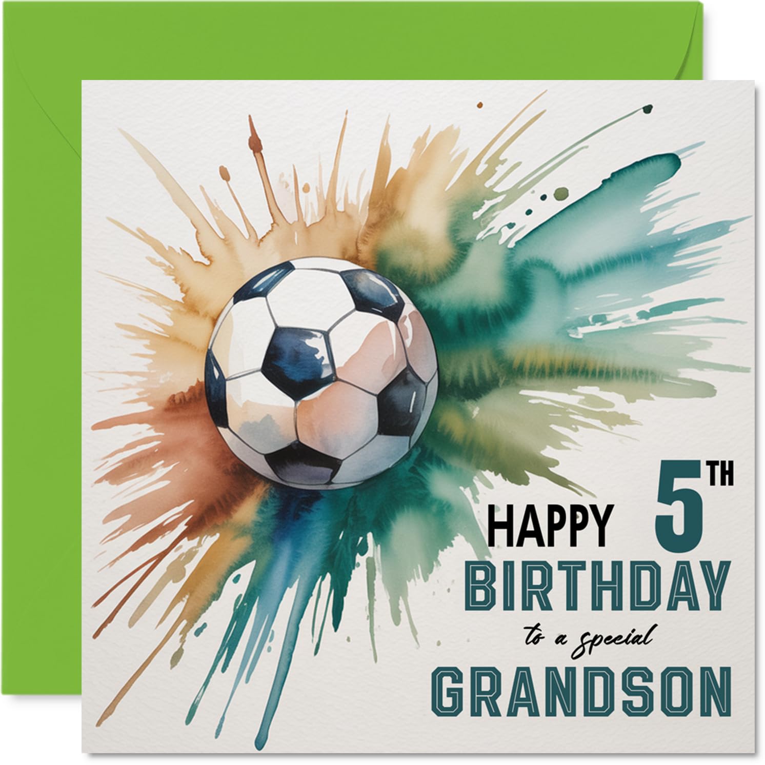 5th Birthday Cards for Grandson - Watercolour Football Splash - Happy Birthday Card for 5 Year Old Grandson from Grandad Grandma Nan, 145mm Bday Greeting Cards