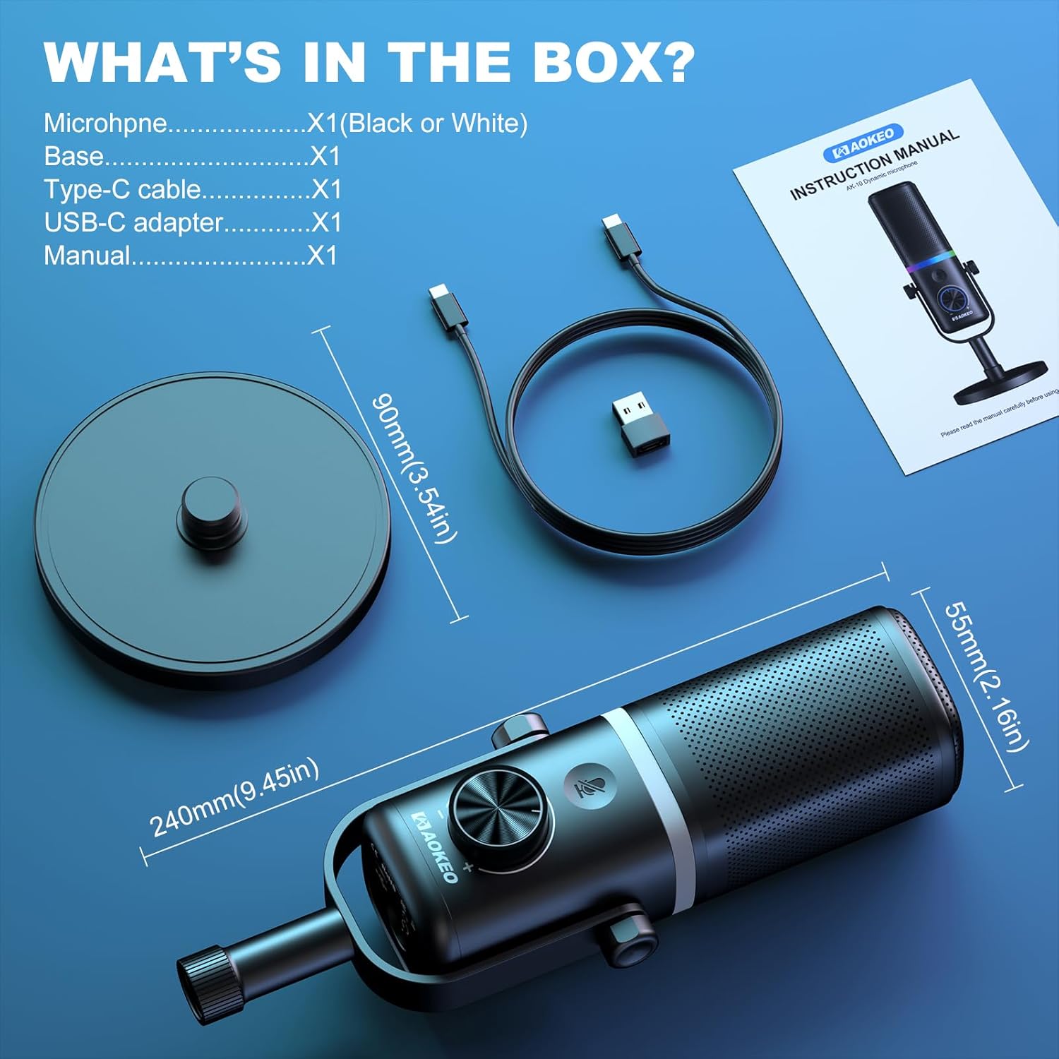 Aokeo Microphone for PC, AK-10 USB/XLR Dynamic Desktop Microphone for Gaming,Podcast,Streaming with RGB Light,Volume Control,Mute Button,Noise Reduction(White)