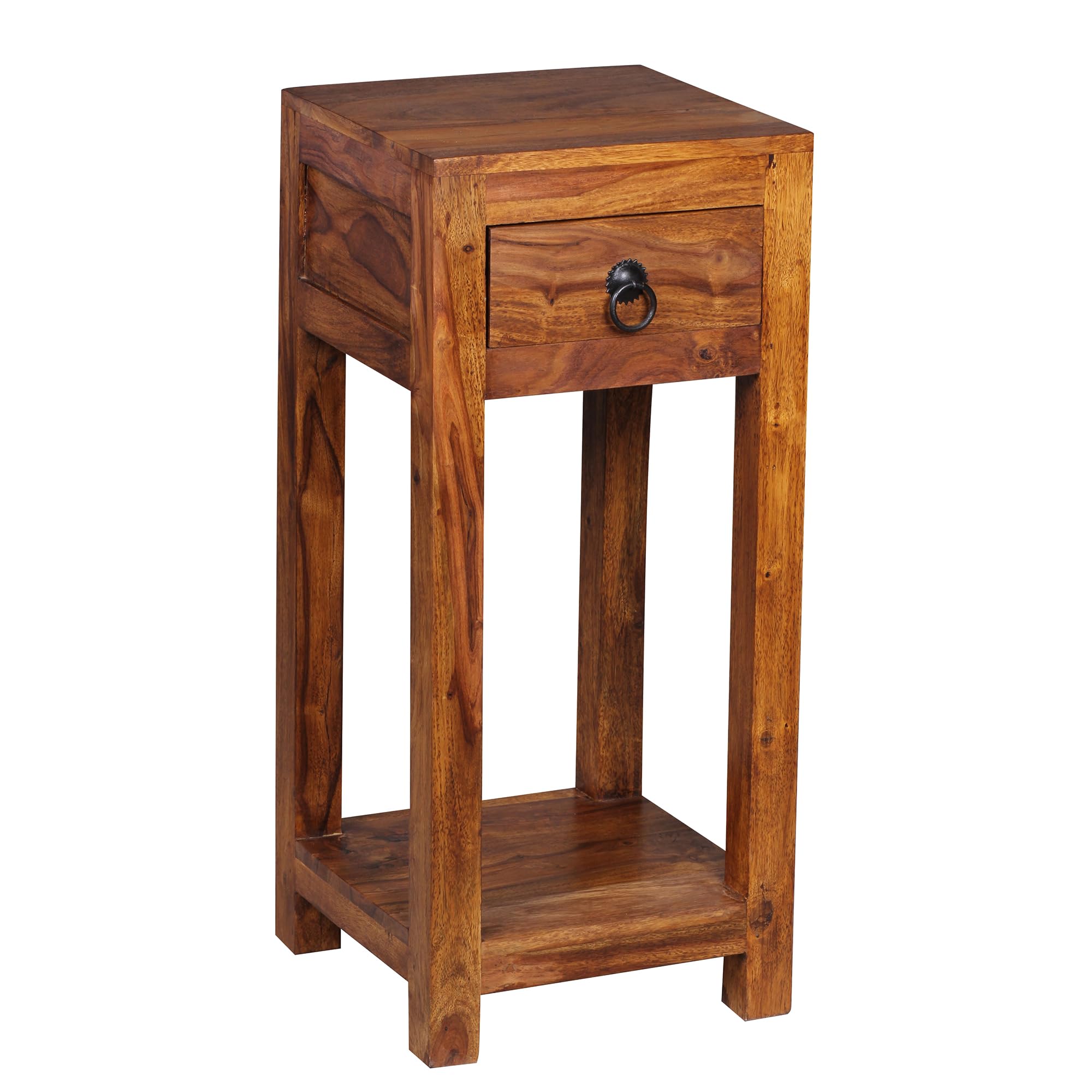 FineBuy Mesa Auxiliar con Cajón 30x30x68 cm Madera Maciza de Sheesham y Metal | Mesa Lateral Cuadrada para Salón | Mesita de Teléfono Pequeña para Sofá | Mesa de teléfono de madera auténtica, estrecha mesa de salón alta, taburete de flores y mesita de noc