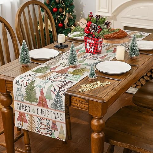 Miniatura 4 de Siilues Camino de mesa de Navidad decoración de árbol de Navidad en acuarela camino de Navidad para mesa decoración de vacaciones de invierno para