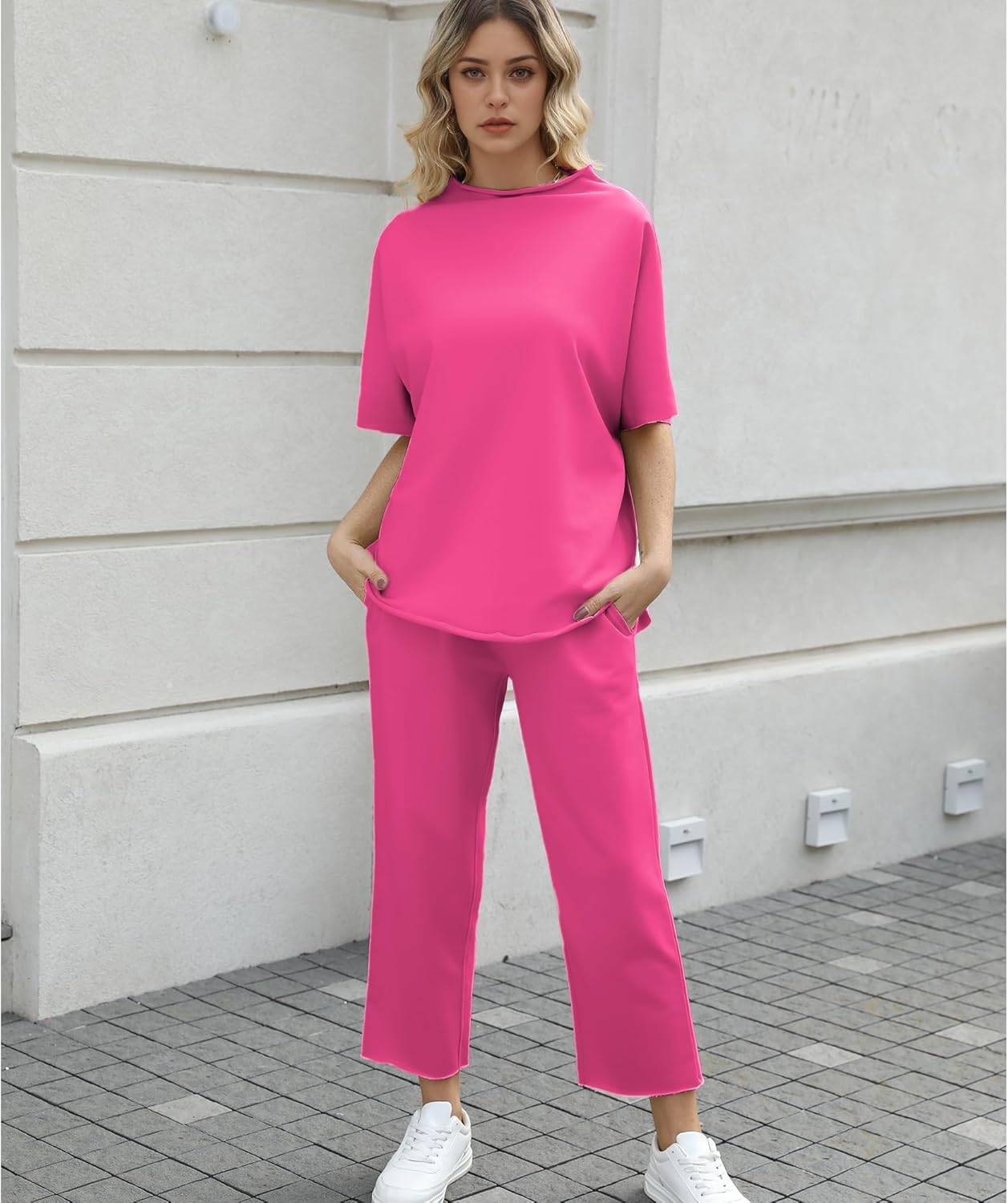SeeLuNa Women's Two Piece Outfits 3/4 Batwing Sleeve Capelet Crew Neck Pullover Top Wide Leg Pants Lounge Set