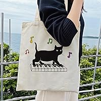 Vista 2 de Dlzdn Bolsa de lona con diseño de gato negro para mujer, estética, divertida, bonita, para jugar al piano, bolsa de compras para comestibles, bolsa