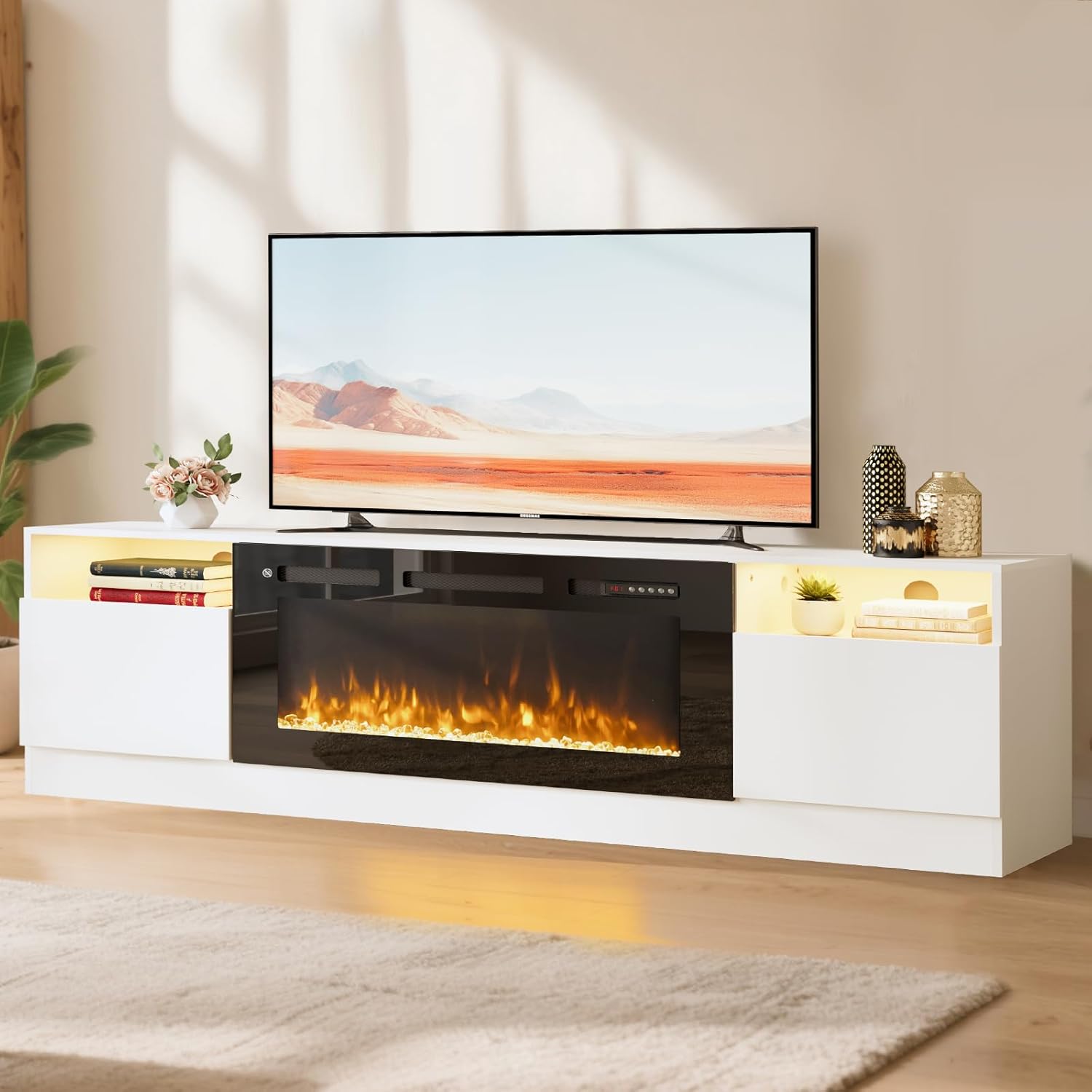 80 TV Stand with 36 Electric Fireplace, Large Modern Media Entertainment Center with Storage Cabinet and 12 Colors LED Lights for TVs Up to 90",White and Black