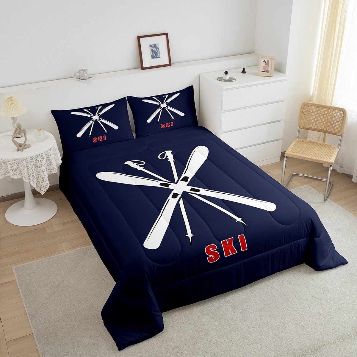 Ski Sports Comforter Set White Skiing Snowboard Print Bedding Set 3Pcs for Kids Boys Girls Teens Room Decor Outdoor Extreme Games Quilt Set Modern Fashion Navy Blue Duvet Insert Queen Size
