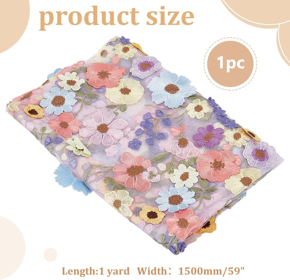 WADORN 36 Inch 3D Flowers Embroidery Lace Fabric, Colorful Flowers Soft Embroidery Lace Floral Fabric for Sewing Cloth DIY Crafts Vintage Floral Embroidery Net Lace Fabric for Wedding Dresses Jeans