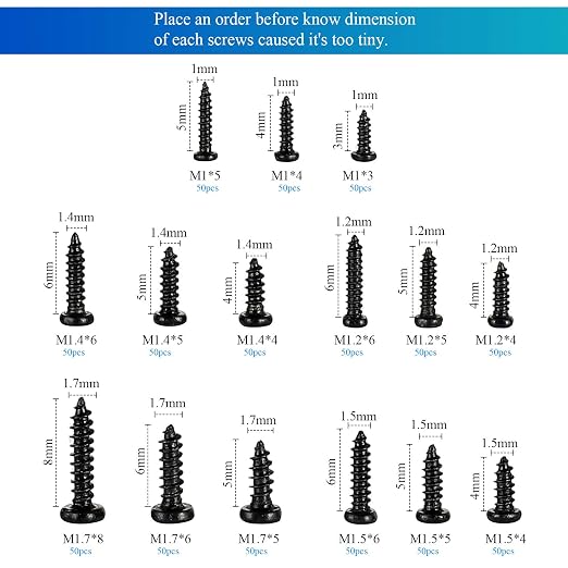 750 tornillos mini negra para electrónica M1-M1.7 miniatura 4