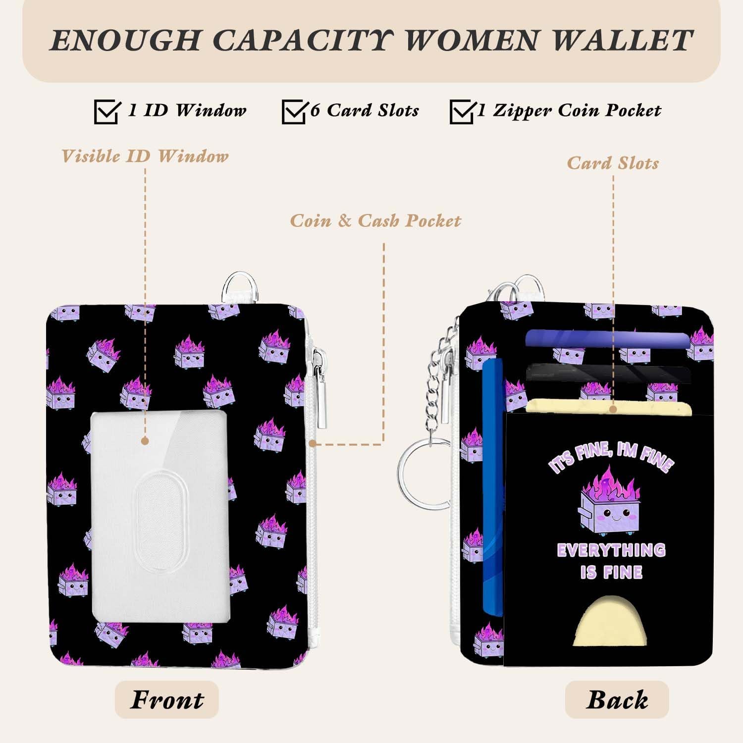 Dumpster Fire Slim Woman Keychain Wallet Coin Pocket,Funny Credit Card Holder Small Wallet for Women,Front Pocket Thin Travel Card Case with ID Window, Dumpster Fire Gifts for Women