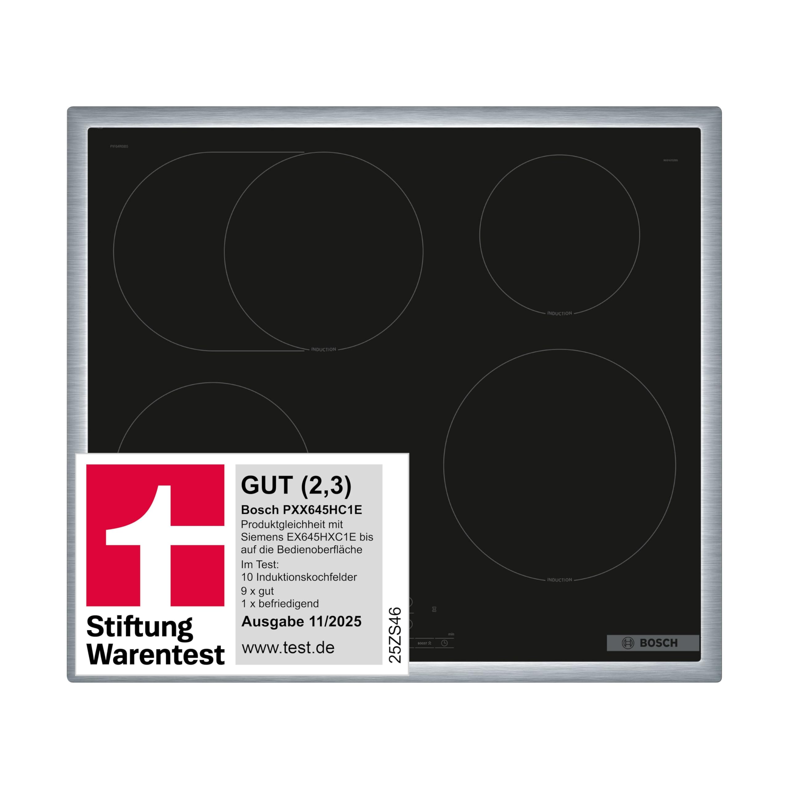 Bosch PXX645HC1E, Stiftung Warentest GUT (2,3)*, Serie 6 Smartes Induktionskochfeld (autark), 60 cm, Freie Platzwahl, 28 cm Induktions-Kochzone, Umlaufender Rahmen, Kochfeldbasierte Haubensteuerung
