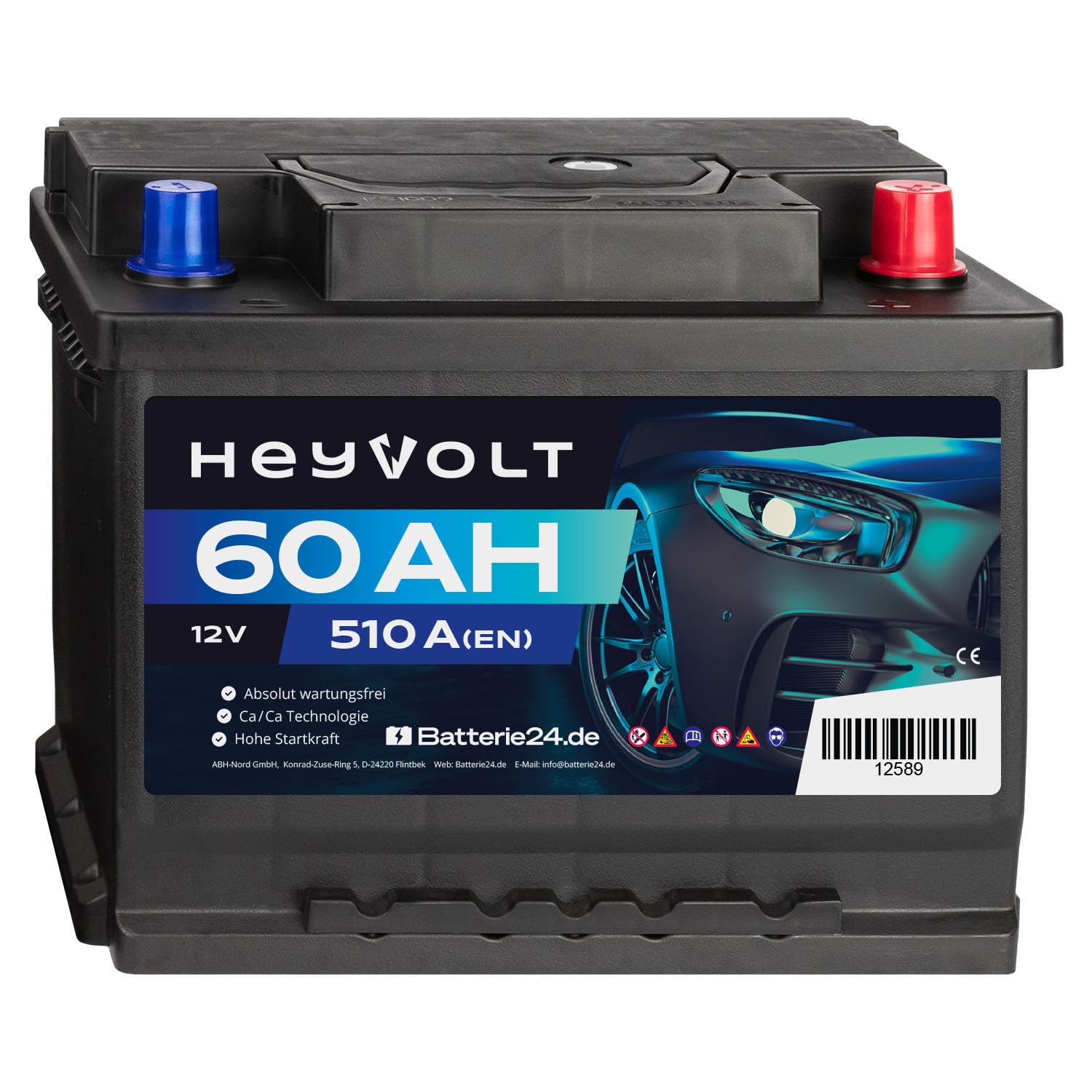 HeyVolt Autobatterie 12V 60Ah 510A Hochleistungs-Blei-Säure-Batterie, Langlebig, Kompatibel mit PKW