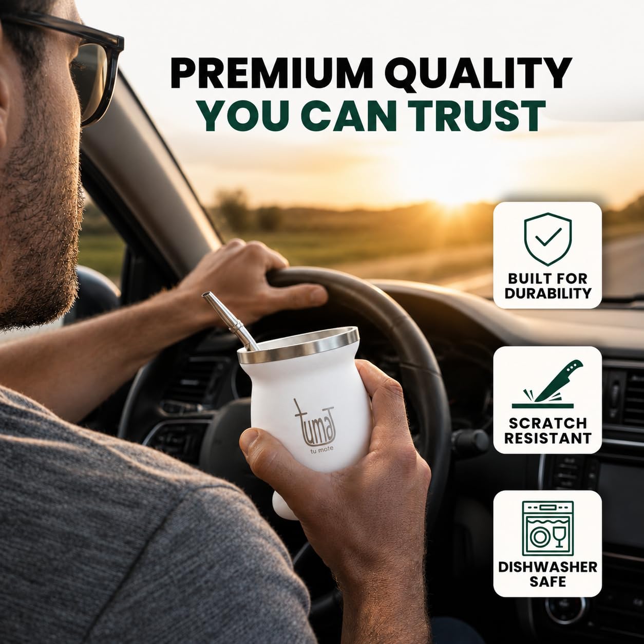 Yerba Mate Komplett-Set – inklusive matter Tasse, Strohhalm (Strahler), 750 ml Thermosflasche, Beutel und zwei Geschenken (Yerbero Behälter und Auto-Tauchwärmer) – Yerba Mattes Edelstahl-Set