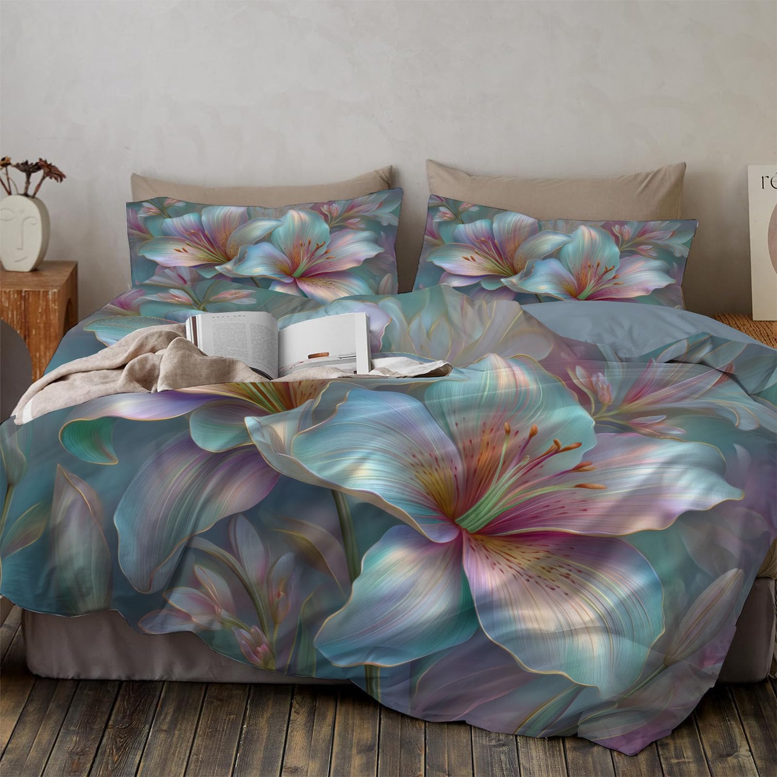 Housse de couette 200x200cm argent motif lys avec fermeture éclair pratique