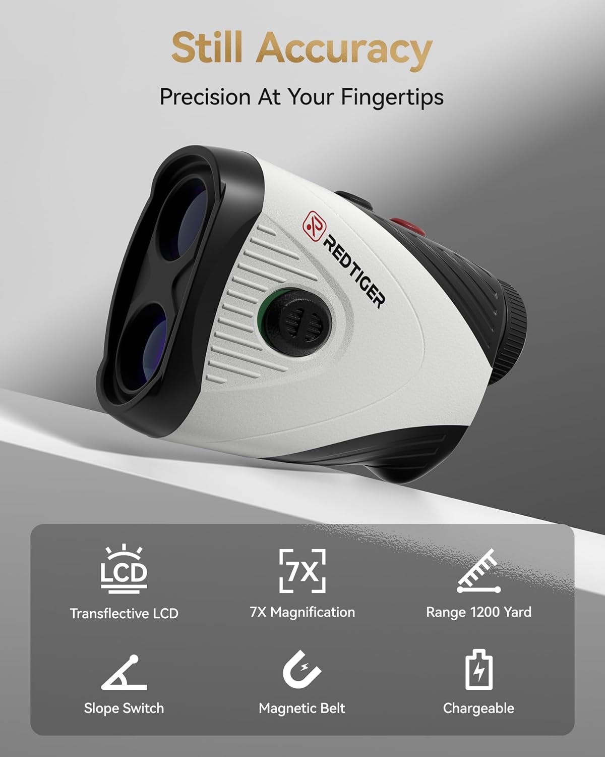 Close-up of the REDTIGER Golf Rangefinder highlighting its features like transflective LCD, 7X magnification, 1200 yard range, slope switch, magnetic belt, and rechargeable battery.