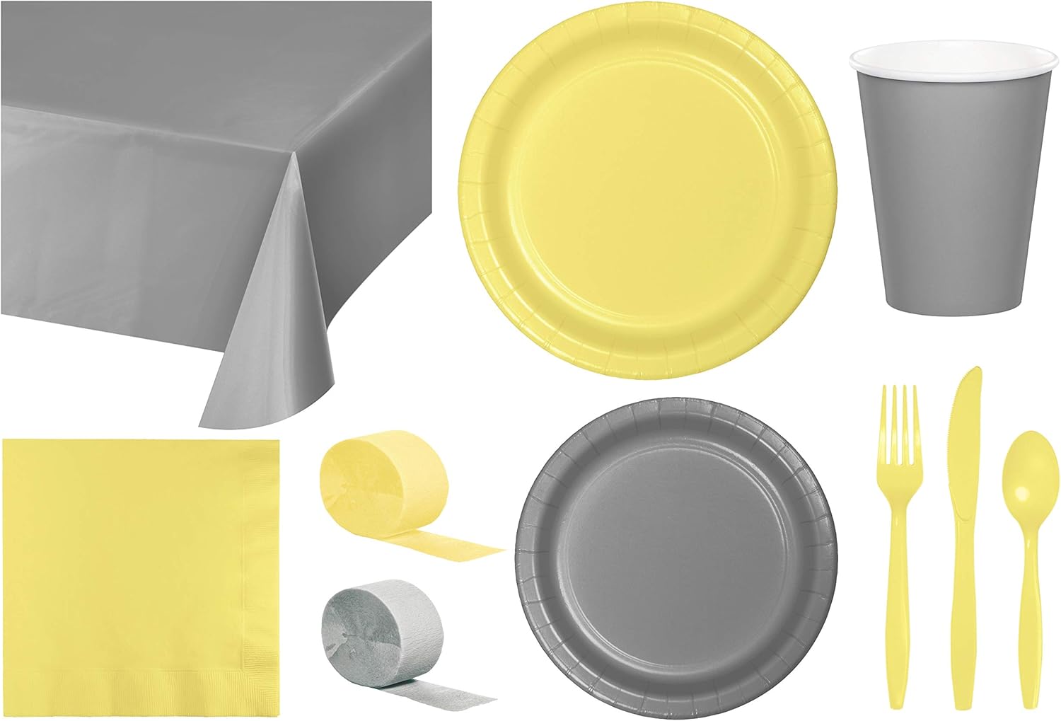 Baxters Party Bundle Bulk, Tableware for 24 People Silver and Mimosa Yellow, 2 Size Plates Napkins, Paper Cups Tablecovers and Cutlery, Box of 199