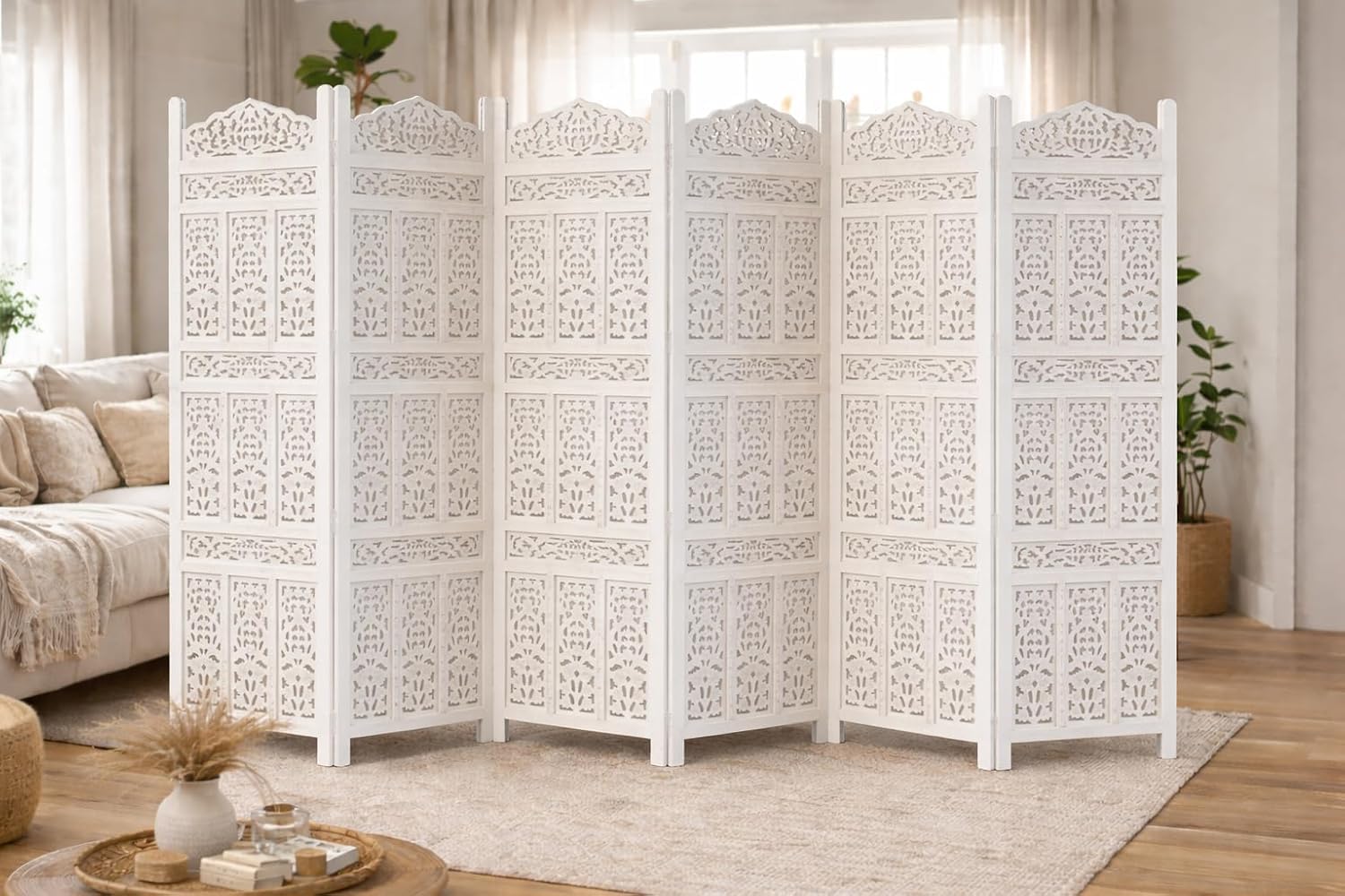 Home & Goods International Wooden Room Divider Partition - Foldable Wood Screen Separator for Living Room, Bedroom, Office, Restaurant - Kangra Badrun, (6 Panel White)