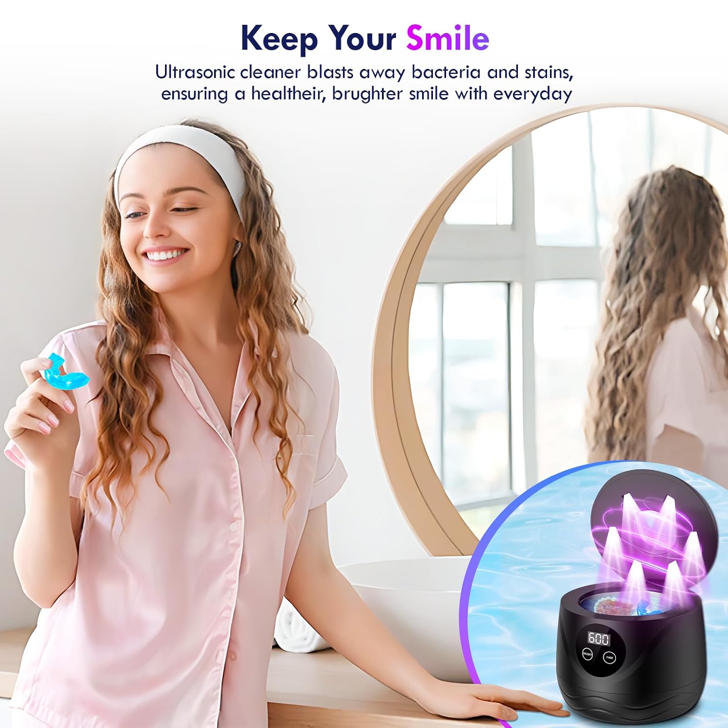 Retainer Cleaner - Raccomb 250ML/45kHz Dental Cleaning Machine for Dentures, Aligner, Night Guard and Mouthguard, 6 LED Lights Cleaner Machine for Dental Appliances