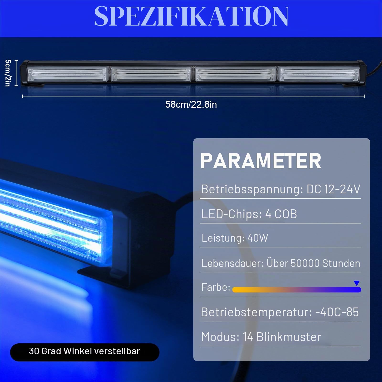 58 cm LED Rundumkennleuchte 80W Blau Rundumleuchte für Auto Anhänger Wohnwagen SUV -17 Blinkende Stroboskop-Modi…