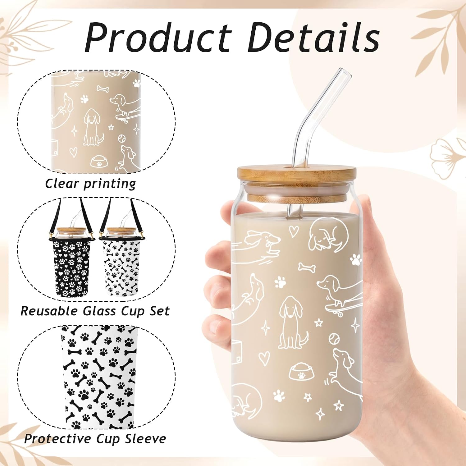 Dachshund Gifts For Women, Glass Cups with Lids and Straws, 5 Pack