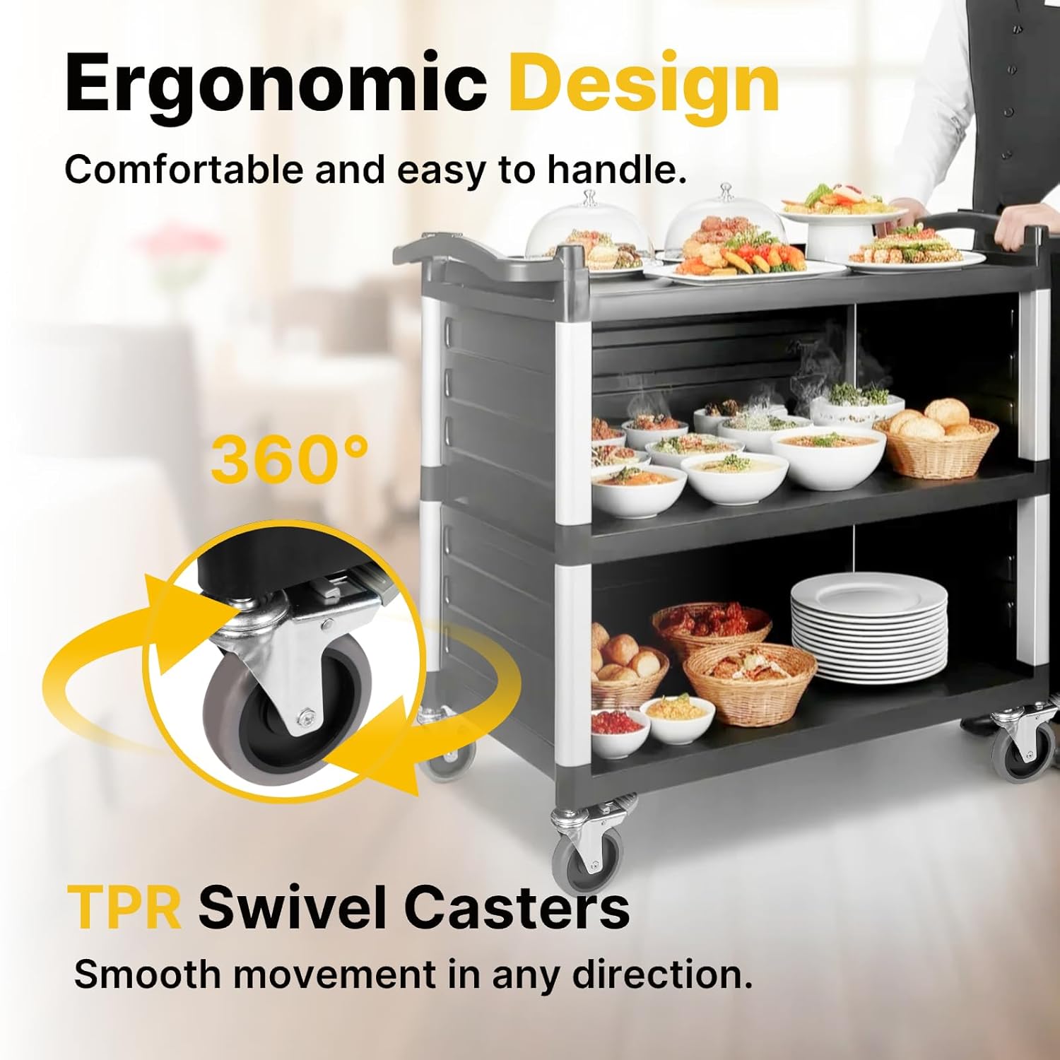 NorthSky Select Dual-Handle Utility Service Cart, 3 Shelves, 440 lb. Capacity -Black Plastic Shelves, Lockable Swivel Casters - Suitable for Hospital, Lab, Hotel, Office Transport & Organizing