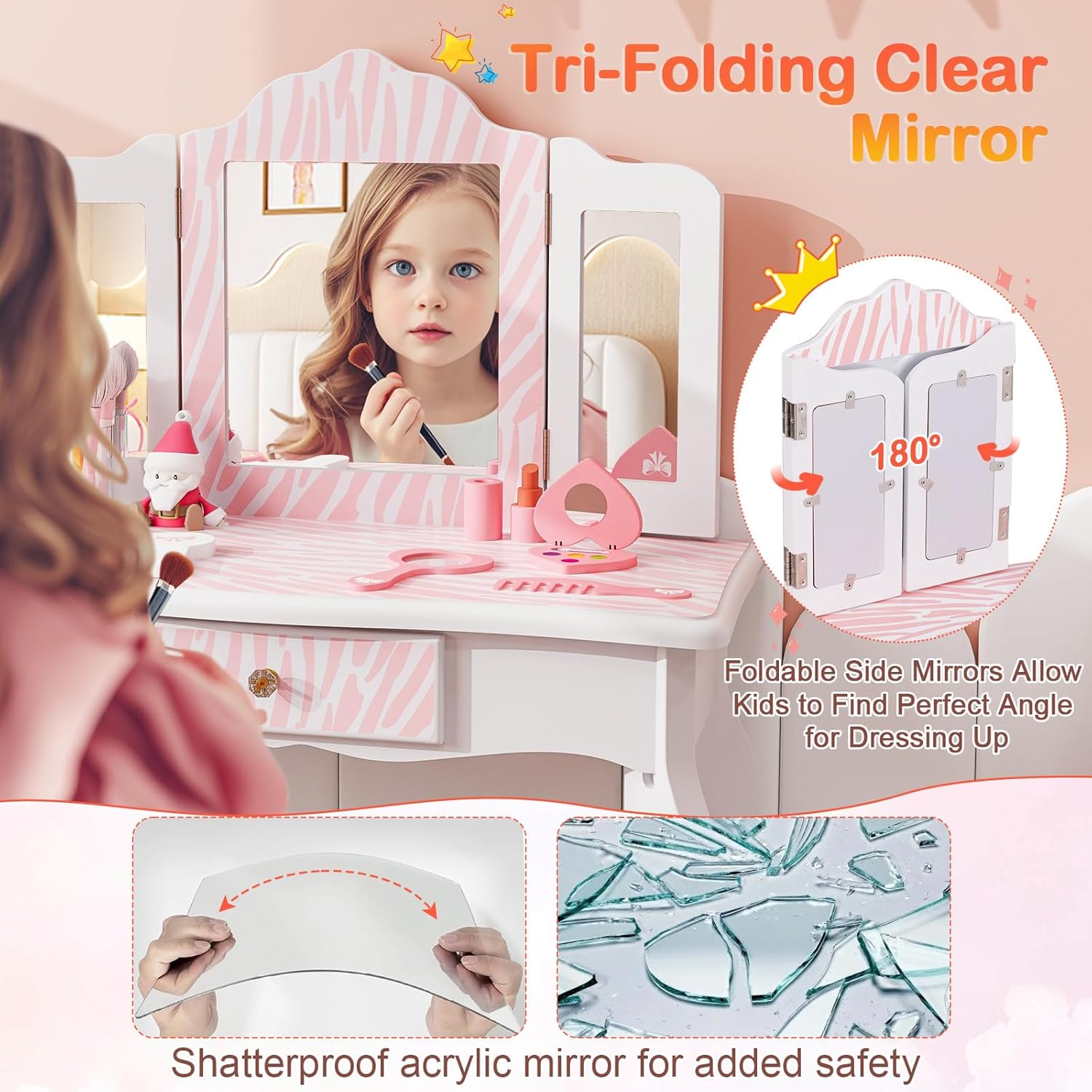 HONEY JOY Kids Vanity, Toddler Vanity Set with Tri-Folding Mirror and Stool, Children Makeup Vanity Dressing Table for Little Girls, Pretend Play Kids Vanity Table and Chair Set (Pink Zebra Print)