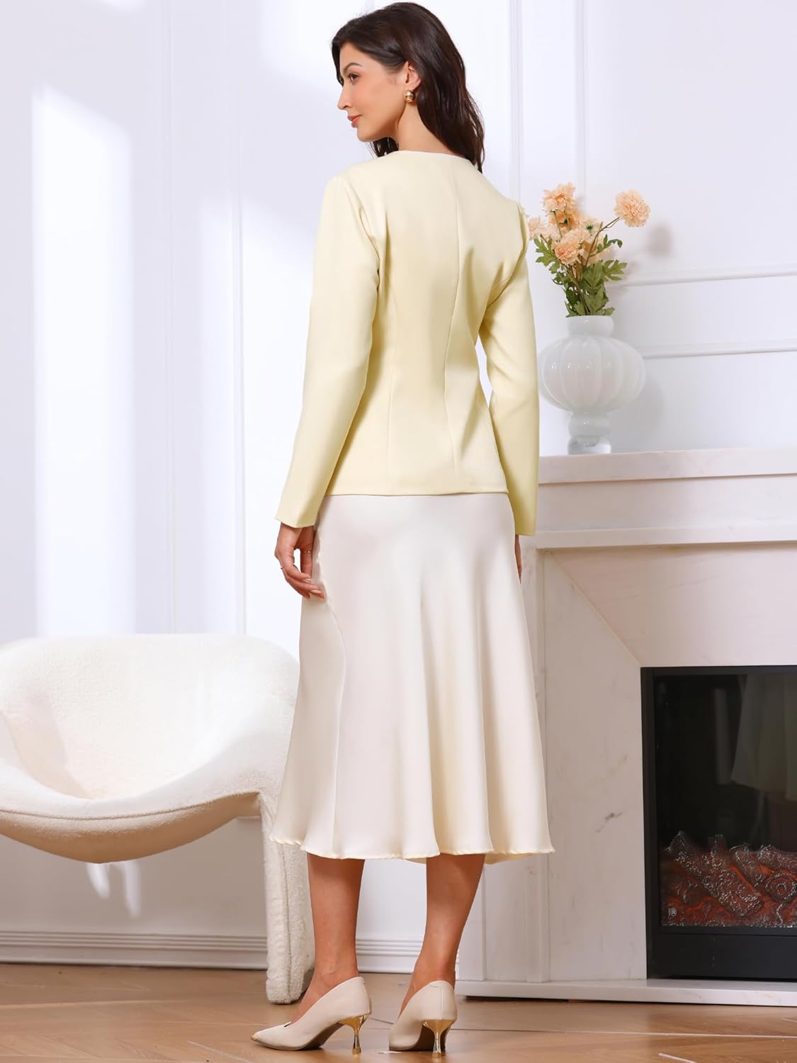 Allegra K Elegant Work Blazer for Women's Collarless Long Sleeve Business Jacket Office Suit