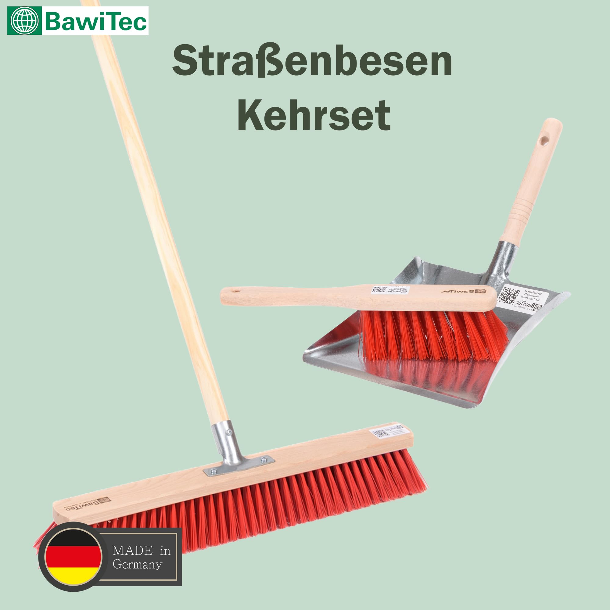 Profi Kehrset Straßenbesen Set Besen + Handfeger + Kehrschaufel für draußen | Rote Kunststoff-Borsten, Komplett-Set, Besen 50cm Breit, Inkl. Besenstiel 140cm Lang