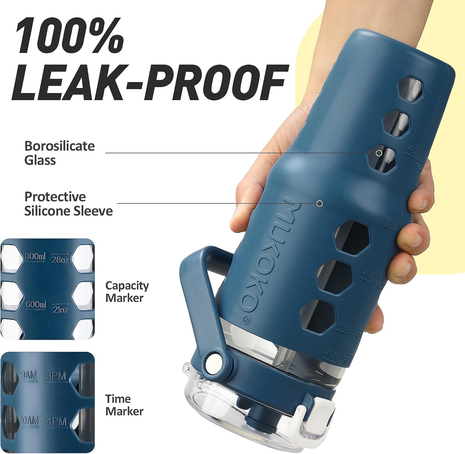 MUKOKO 32 oz Glass Tumbler with Straw,Glass Water Bottles with Time Marker,Iced Coffee Cup with Silicone Sleeve,Motivational Drinking Bottles,Leakproof-Blue - Image 4